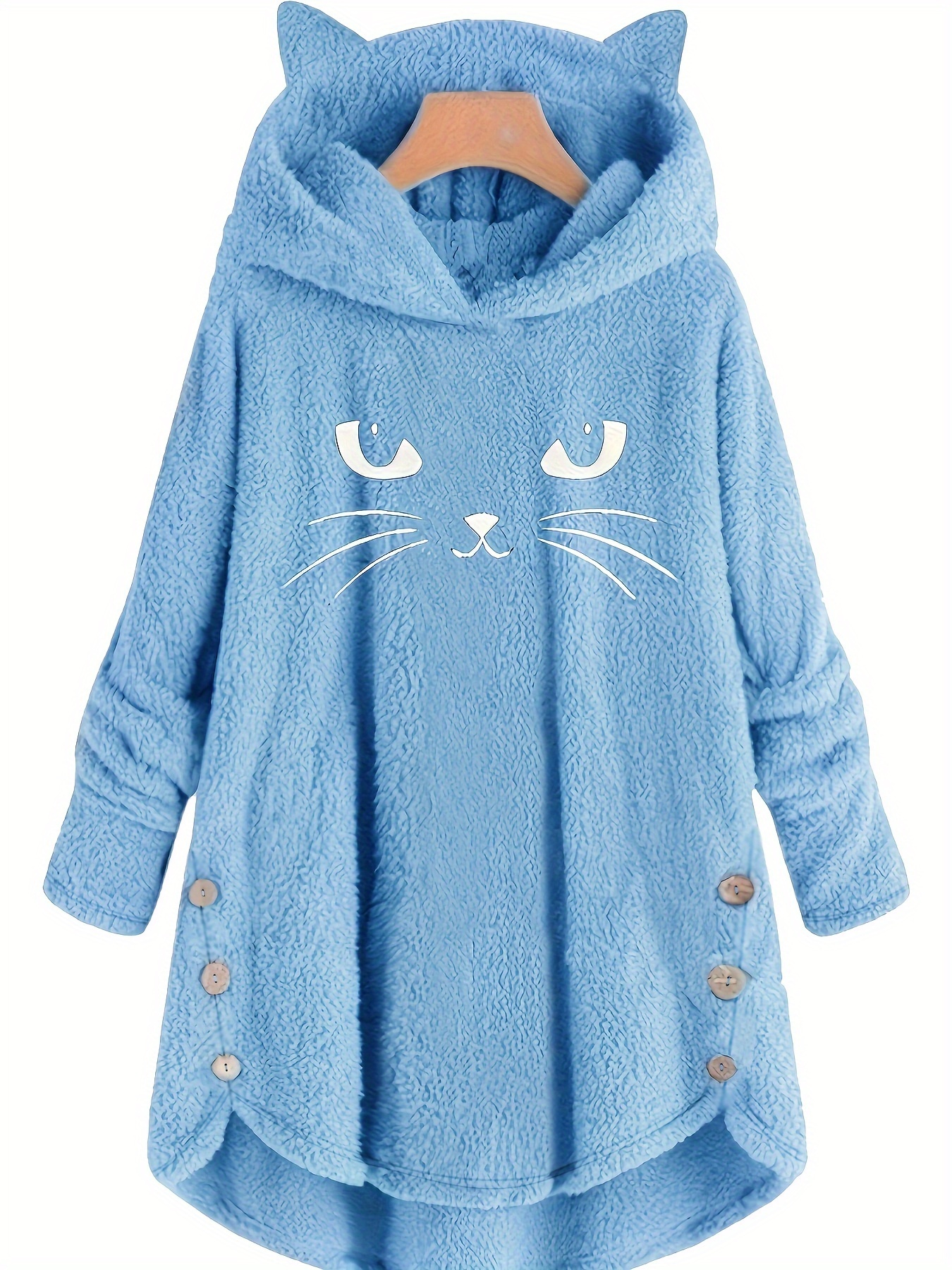cat print dipped hem plush hoodie casual long sleeve button hoodie sweatshirt womens clothing details 6