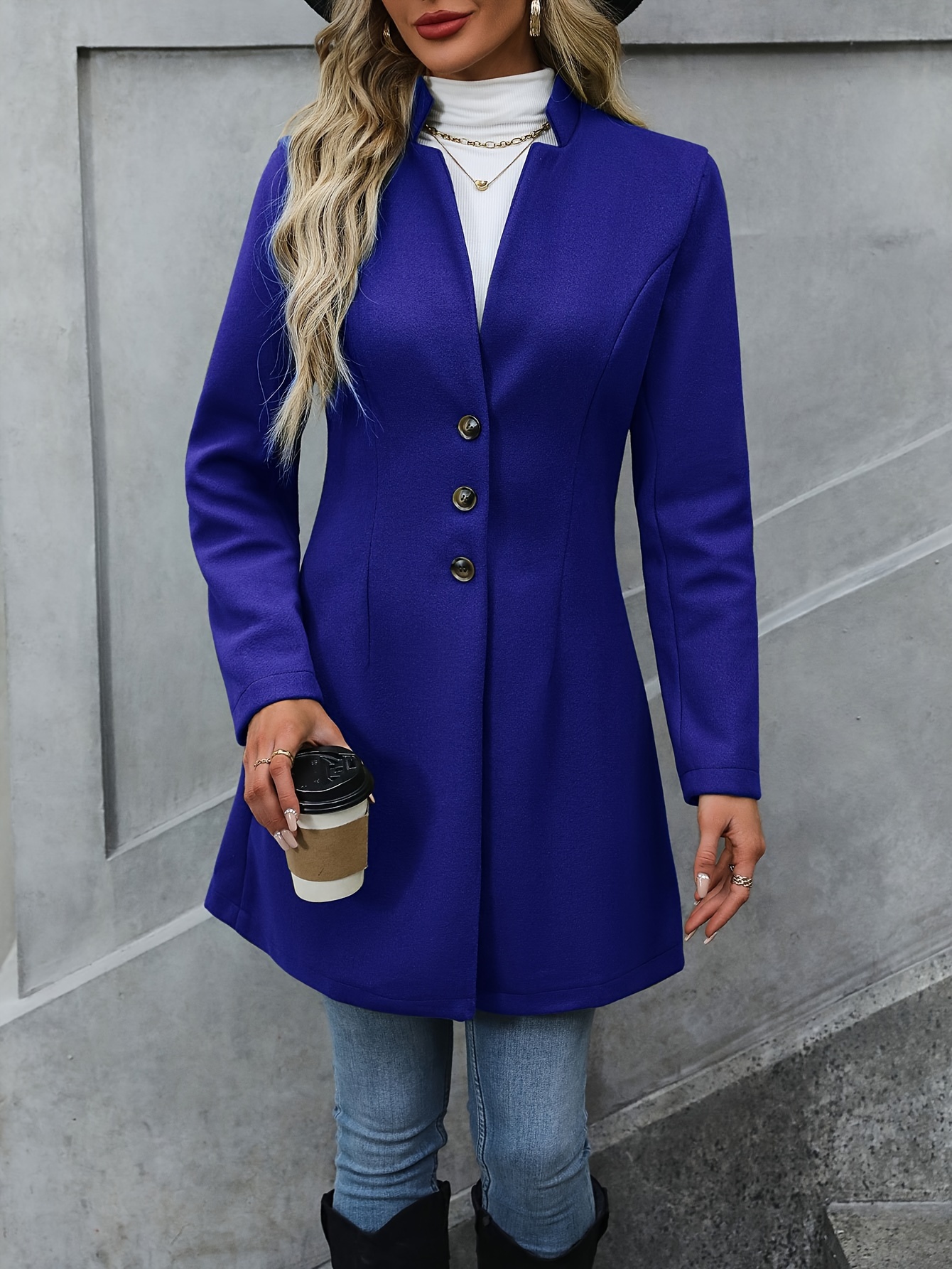 solid button front tunic overcoat elegant long sleeve winter outwear womens clothing details 11