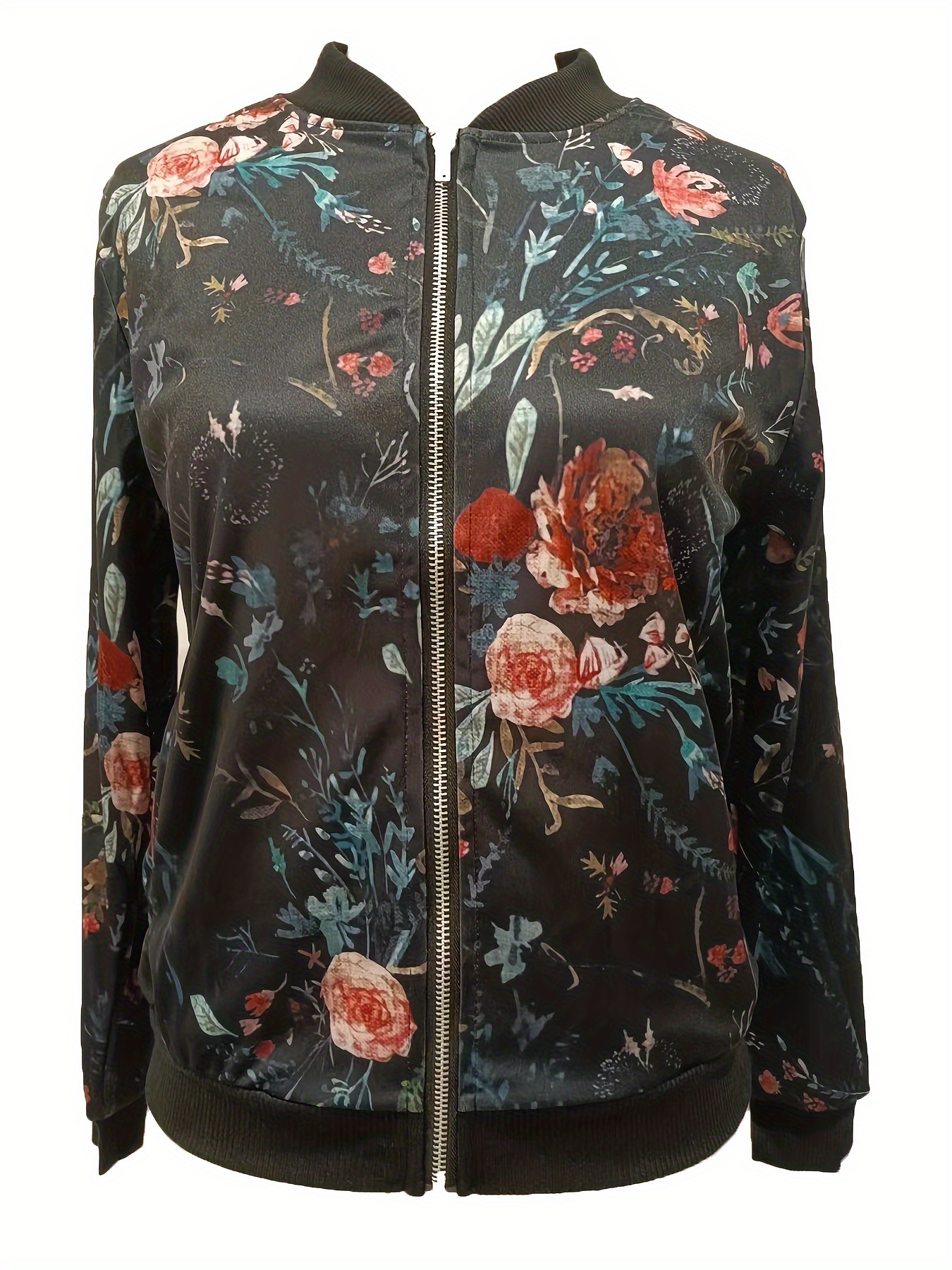 cute cat print bomber jacket casual long sleeve zipper outwear for fall winter womens clothing details 5