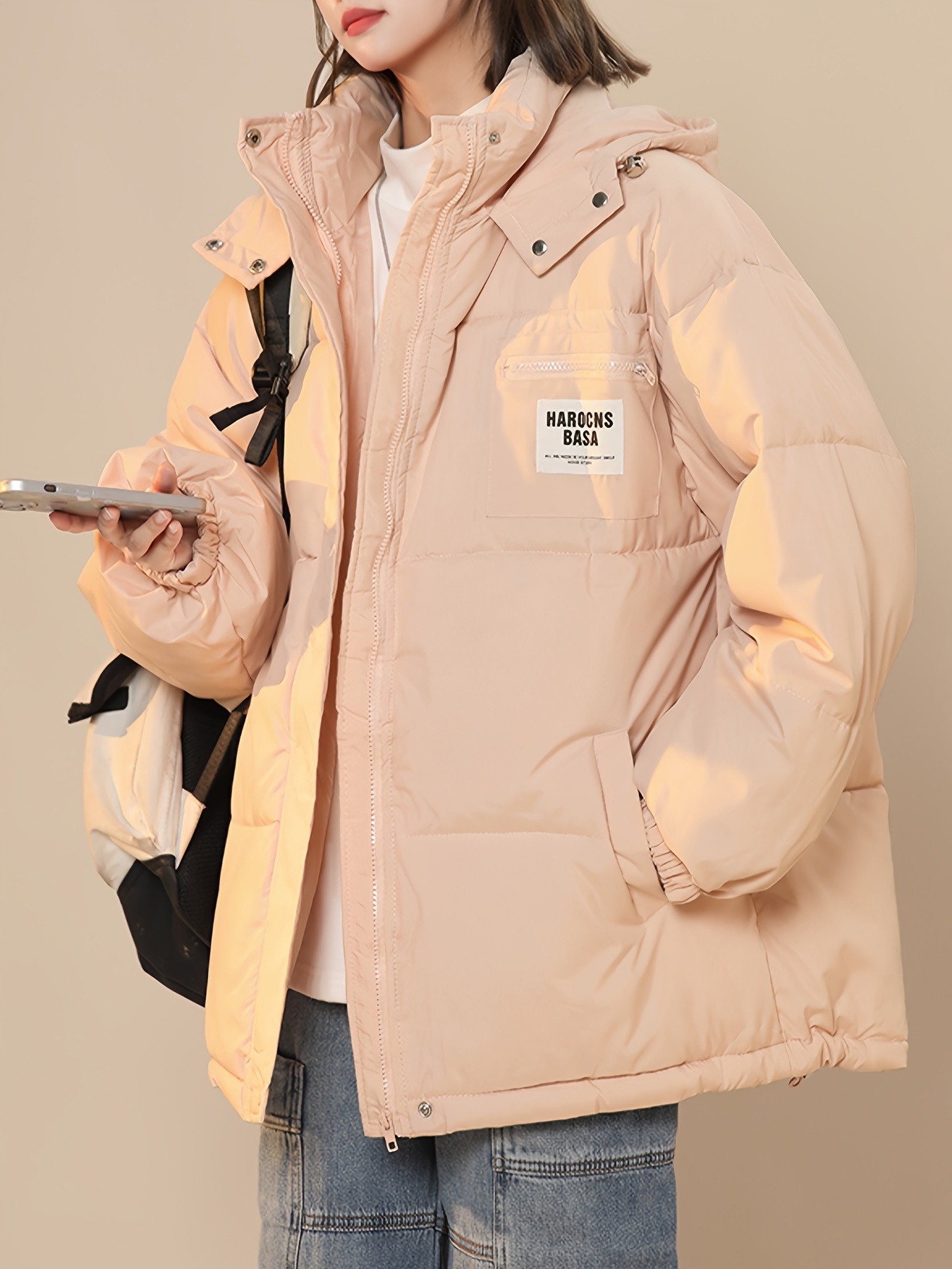 letter label patched hooded coat versatile long sleeve zipper thermal coat womens clothing details 0