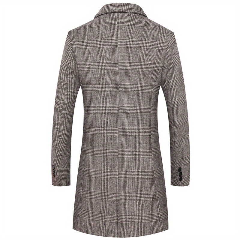 mens elegant woolen trench coat casual elegant single breasted retro plaid overcoat for fall winter details 2