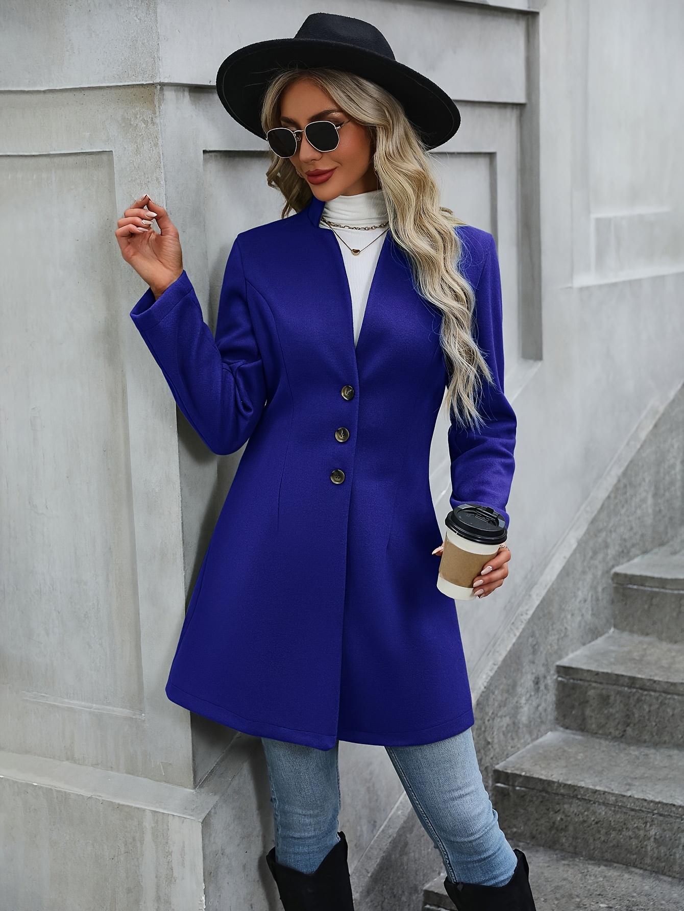 solid button front tunic overcoat elegant long sleeve winter outwear womens clothing details 8