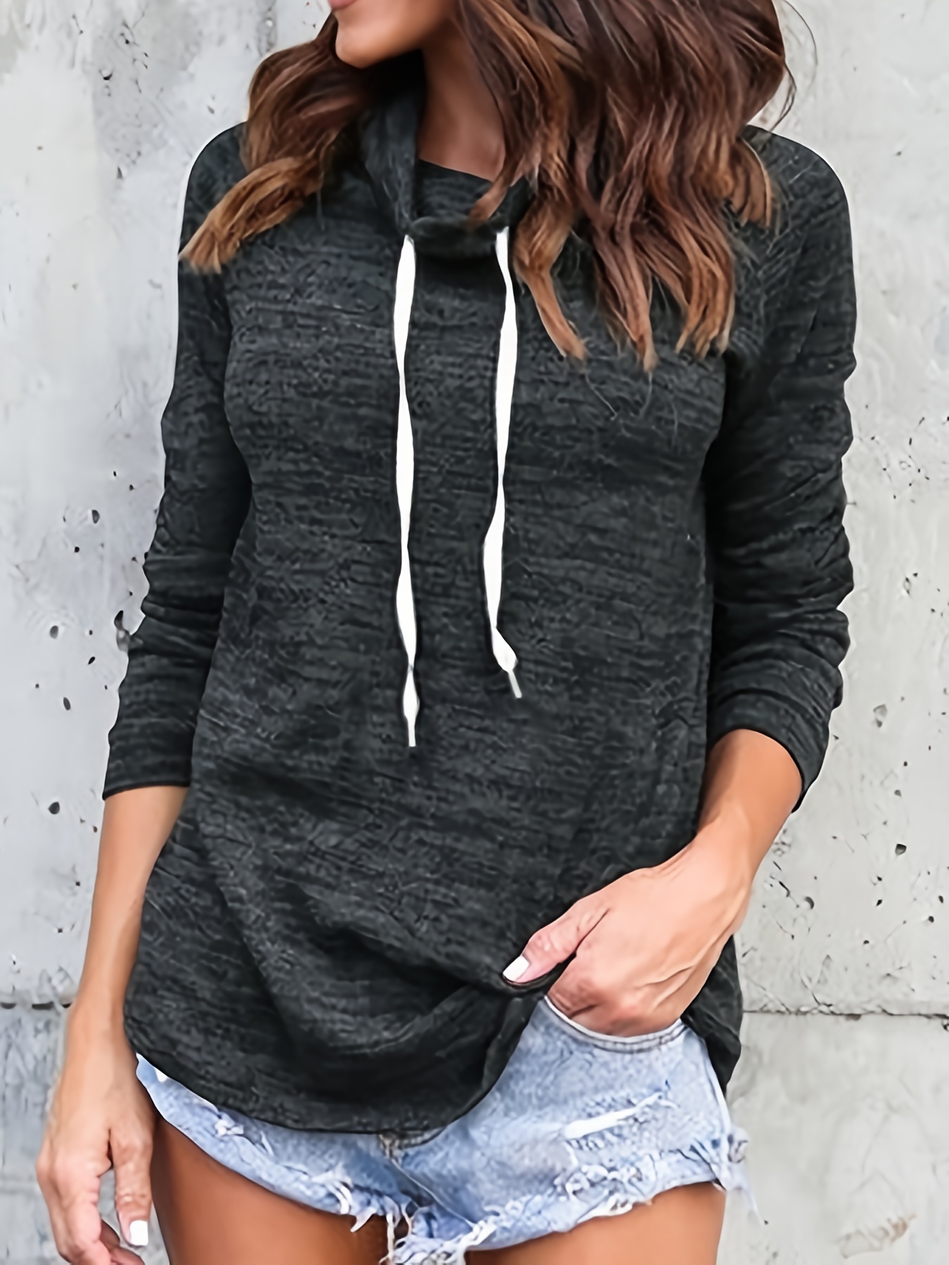 solid funnel neck pullover sweatshirt casual long sleeve drawstring sweatshirt for fall winter womens clothing details 4