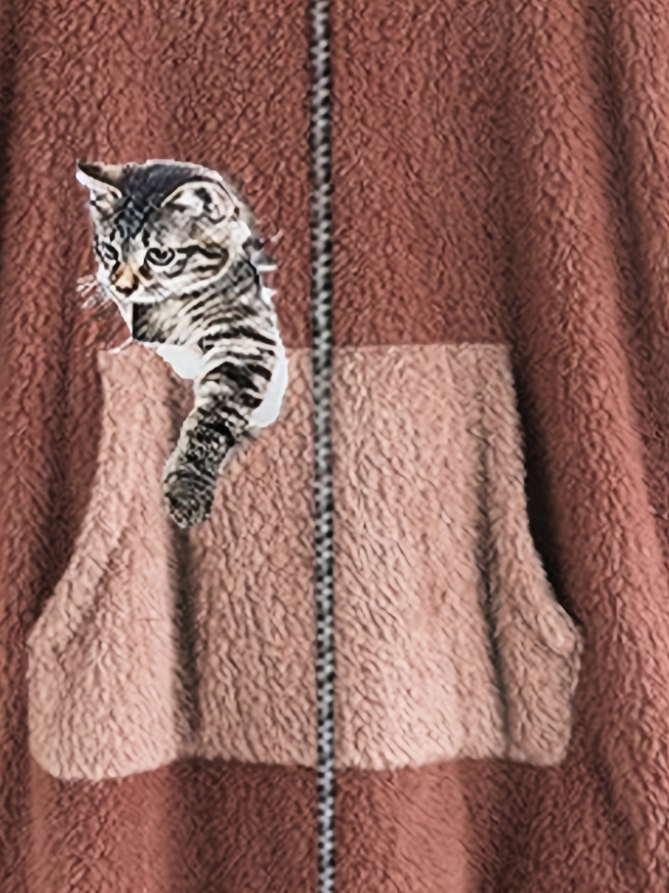 cat print zip front furry coat casual long sleeve slant pockets hoodie for fall winter womens clothing details 11
