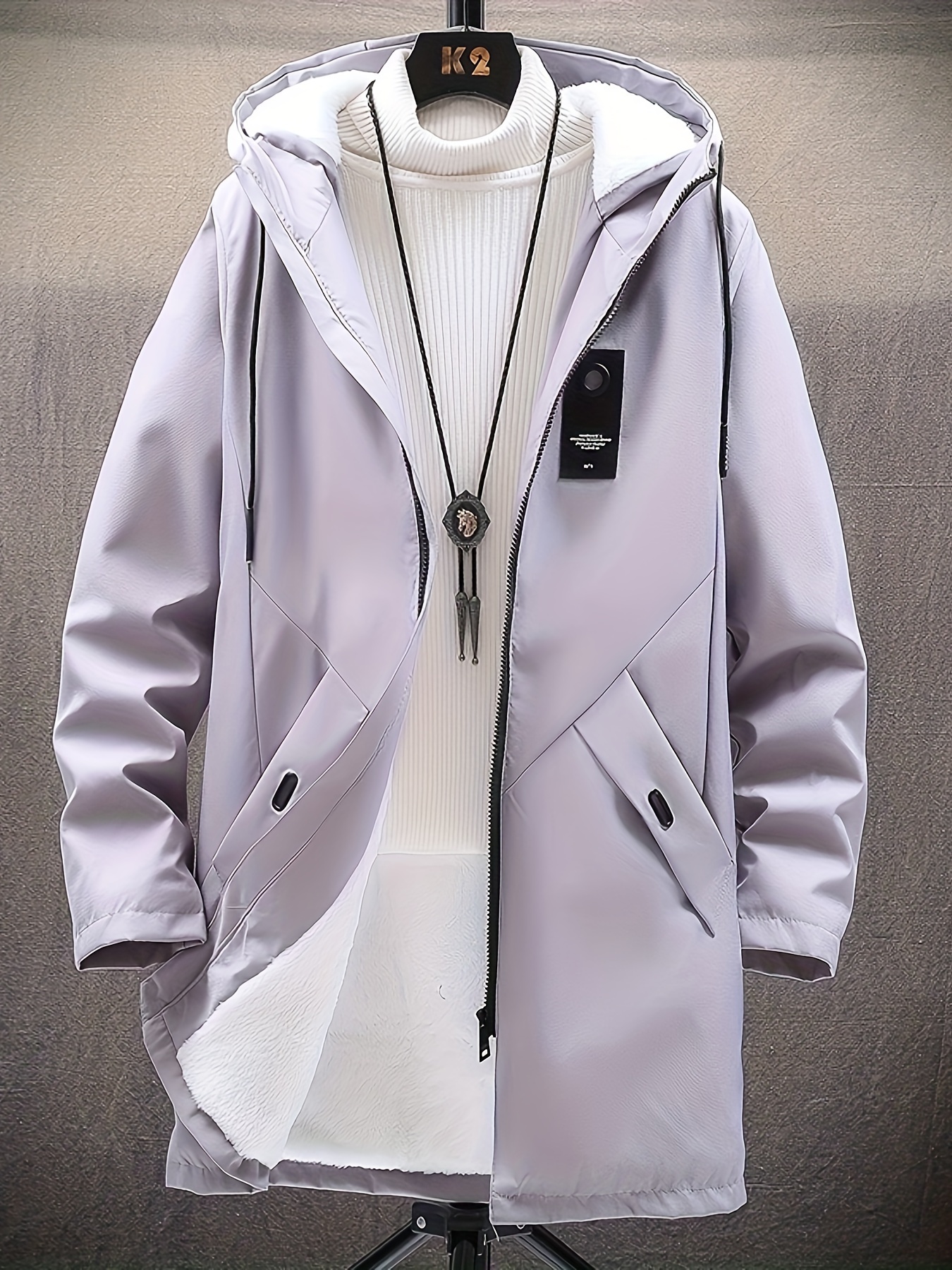 mens warm fleece long windbreaker jacket casual hooded overcoat details 5