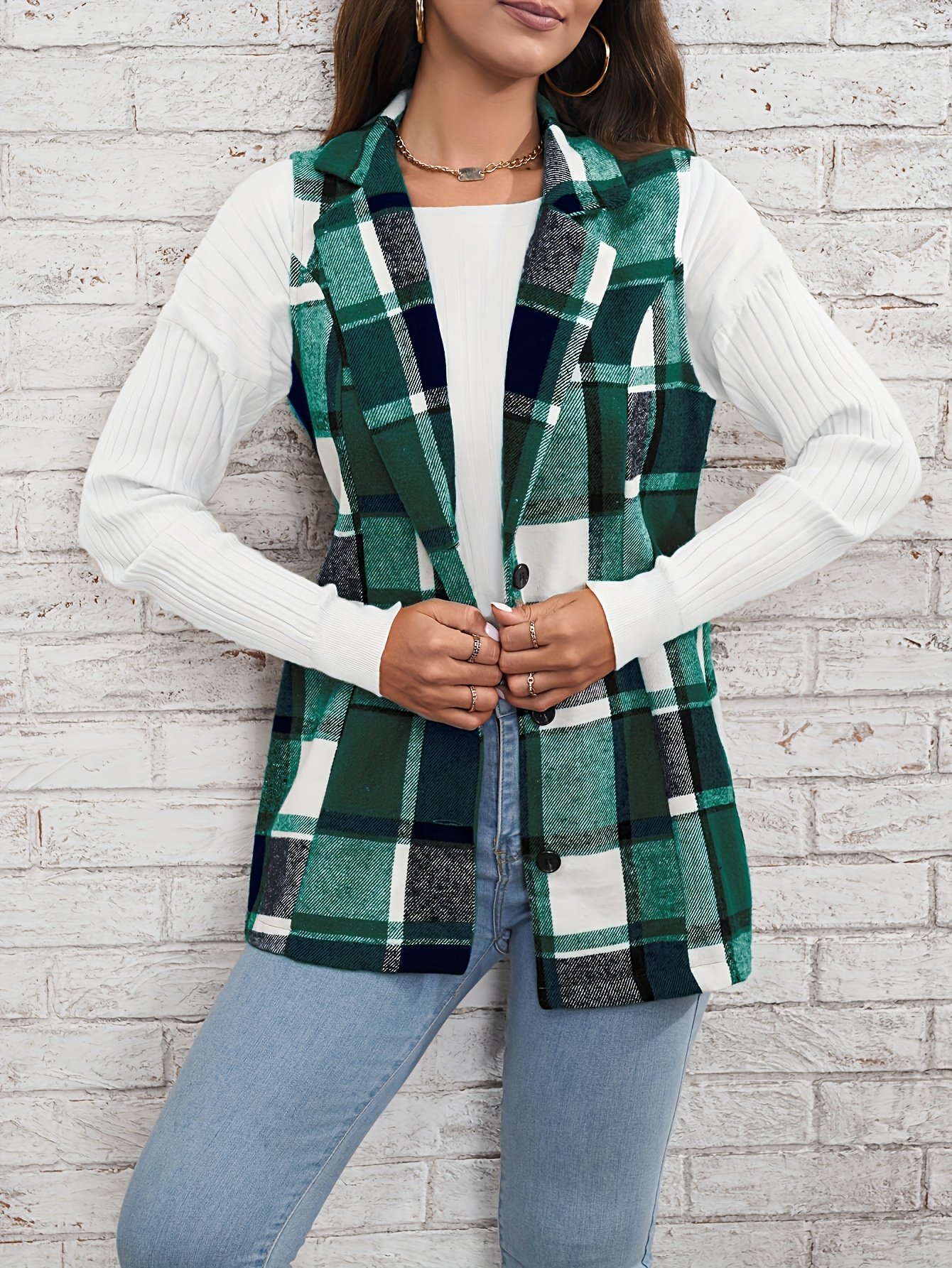 plaid single breasted lapel vest versatile sleeveless overcoat for office work womens clothing details 9