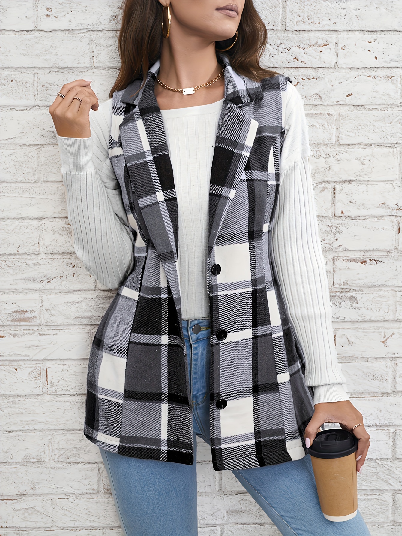 plaid single breasted lapel vest versatile sleeveless overcoat for office work womens clothing details 10