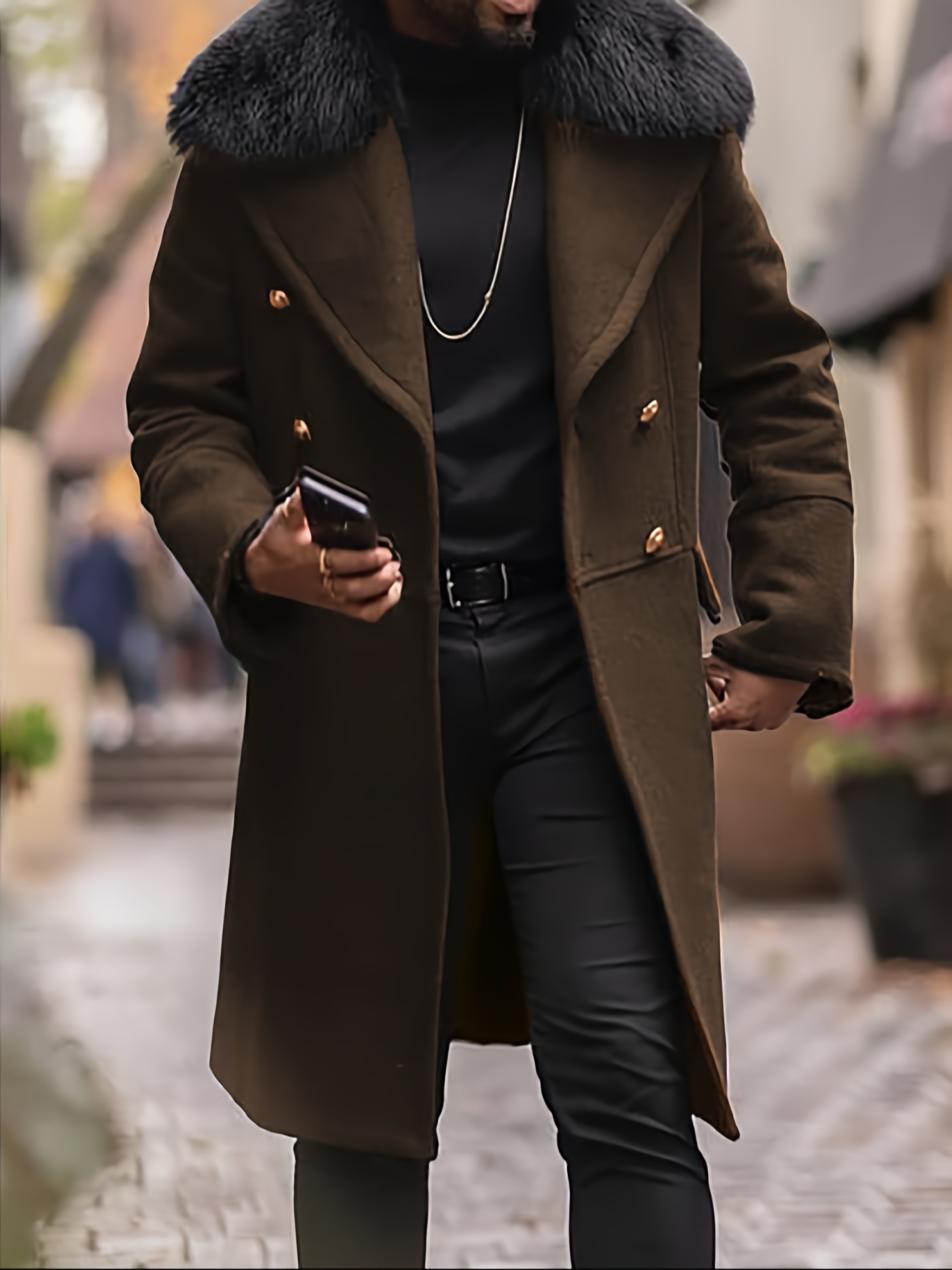 mens warm double breasted overcoat casual elegant faux woolen trench coat for fall winter details 10