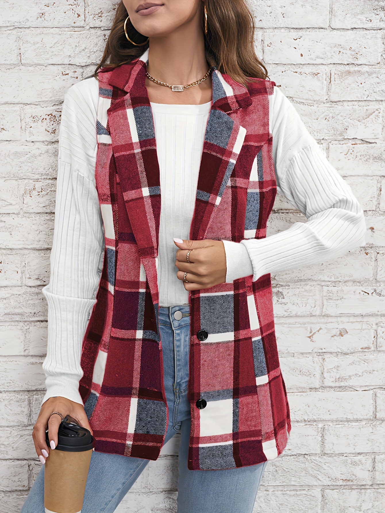 plaid single breasted lapel vest versatile sleeveless overcoat for office work womens clothing details 4