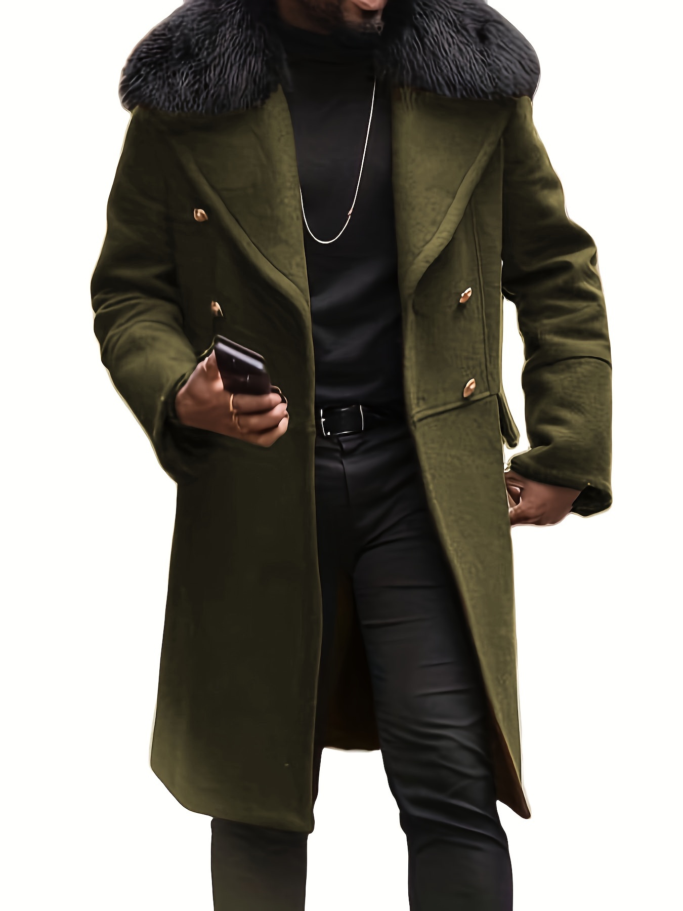 mens warm double breasted overcoat casual elegant faux woolen trench coat for fall winter details 15