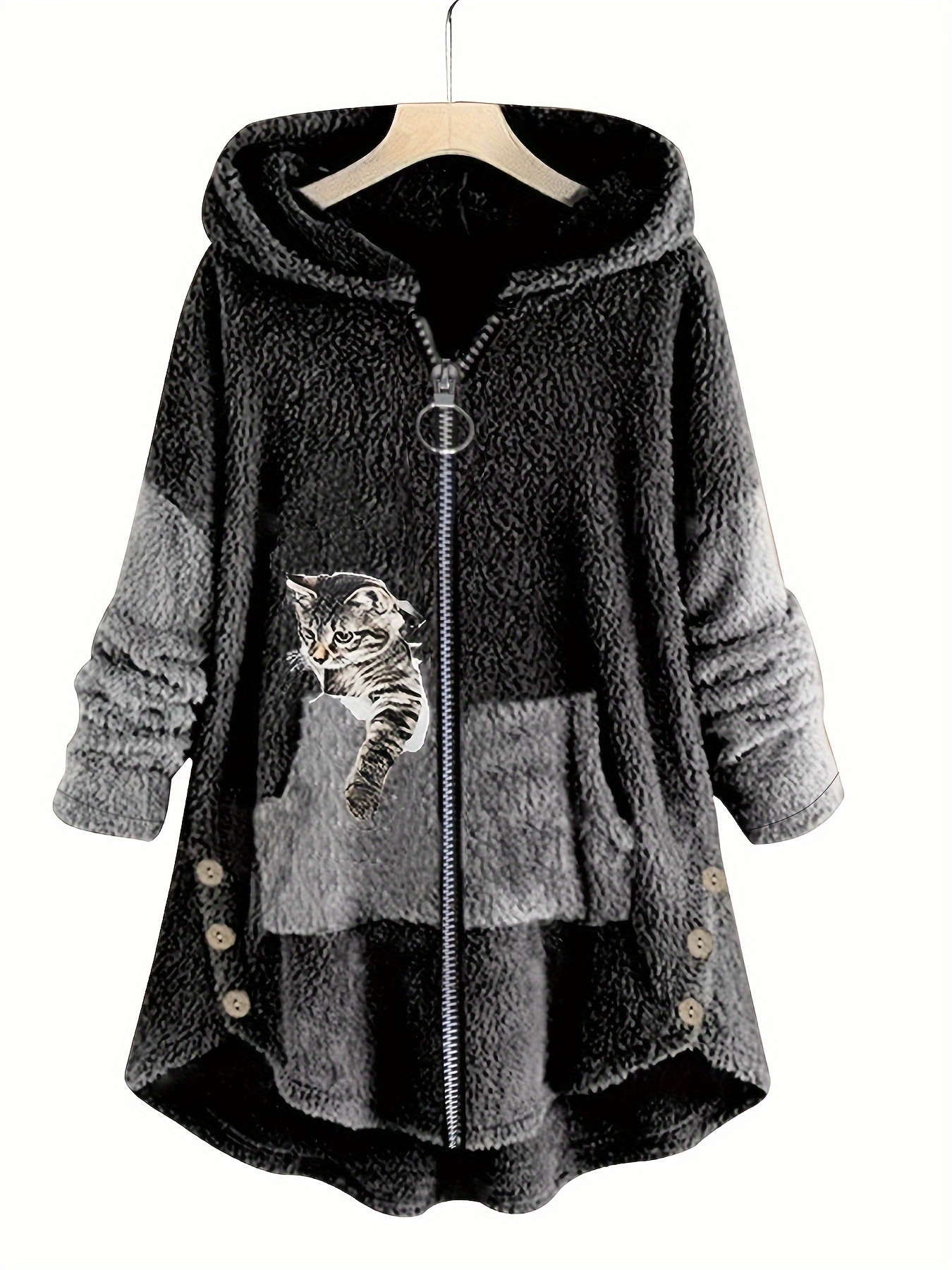 cat print zip front furry coat casual long sleeve slant pockets hoodie for fall winter womens clothing details 0
