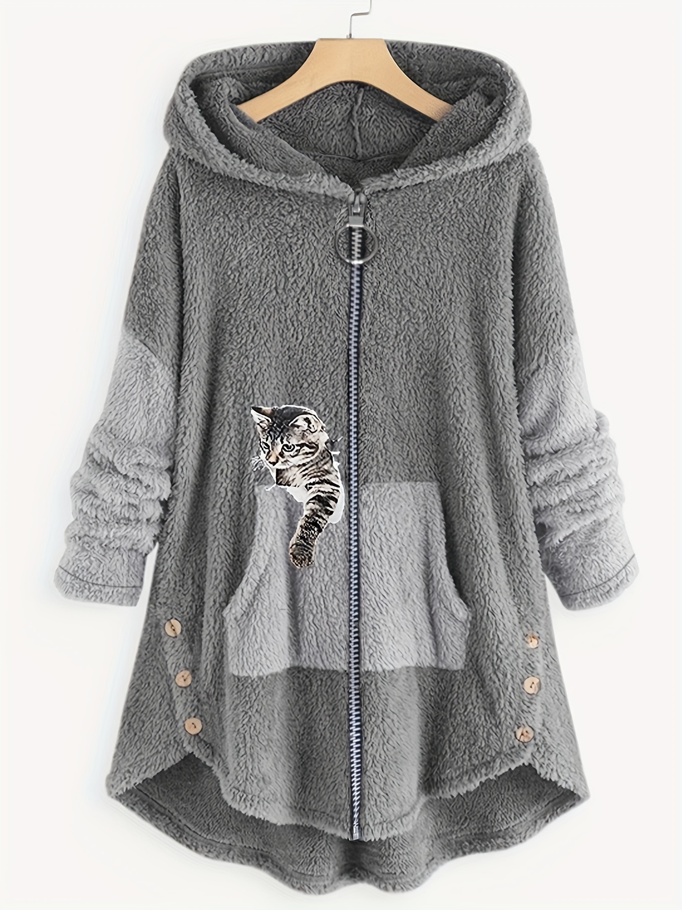 cat print zip front furry coat casual long sleeve slant pockets hoodie for fall winter womens clothing details 6