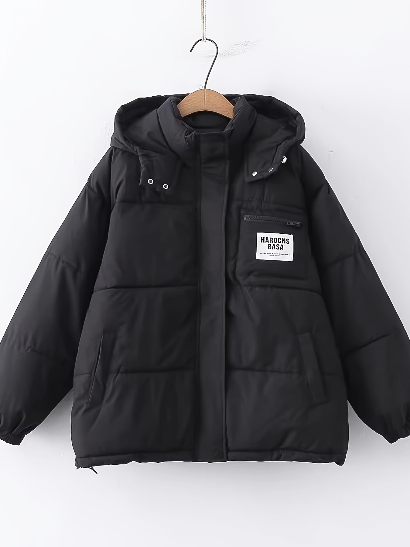 letter label patched hooded coat versatile long sleeve zipper thermal coat womens clothing details 14