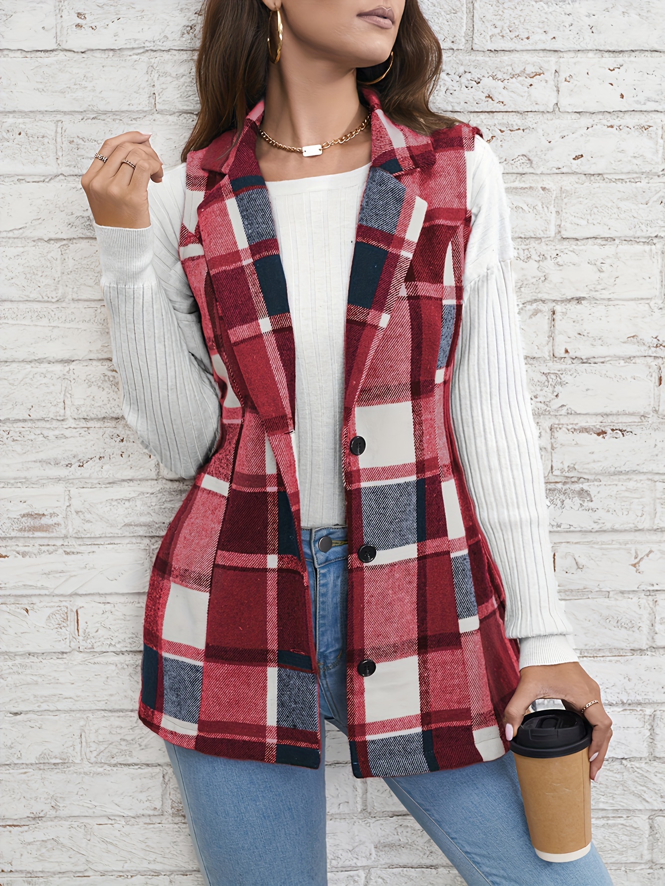 plaid single breasted lapel vest versatile sleeveless overcoat for office work womens clothing details 0