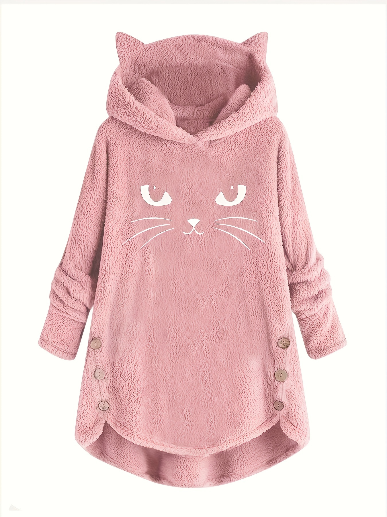 cat print dipped hem plush hoodie casual long sleeve button hoodie sweatshirt womens clothing details 9