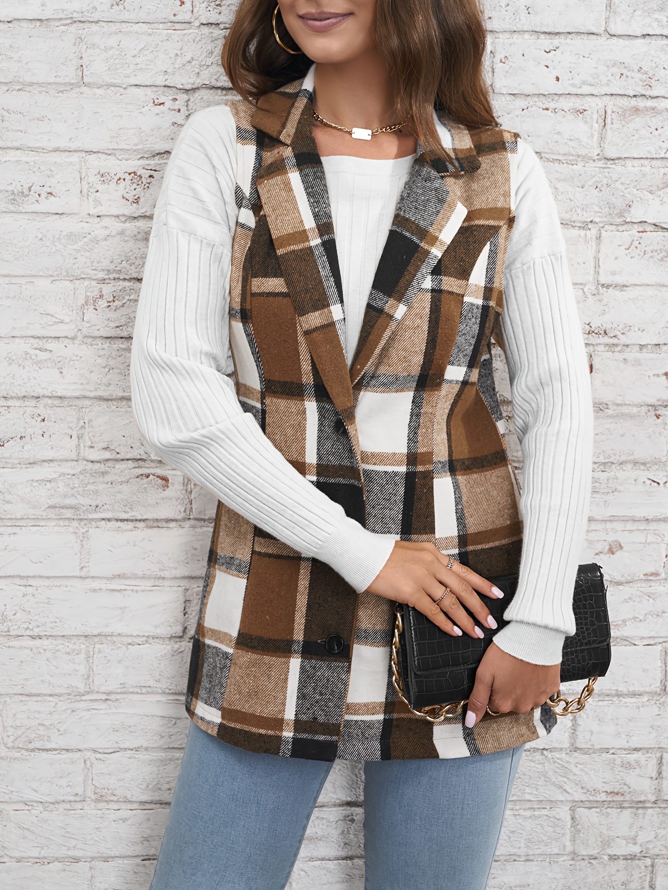 plaid single breasted lapel vest versatile sleeveless overcoat for office work womens clothing details 19