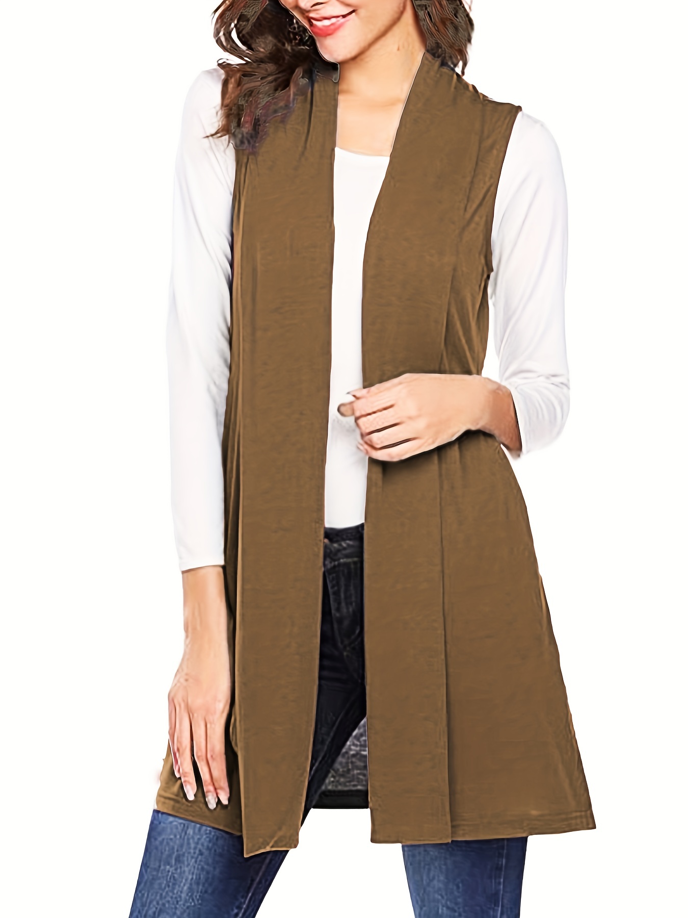 solid sleeveless vest elegant mid length open front vest with pockets womens clothing details 25