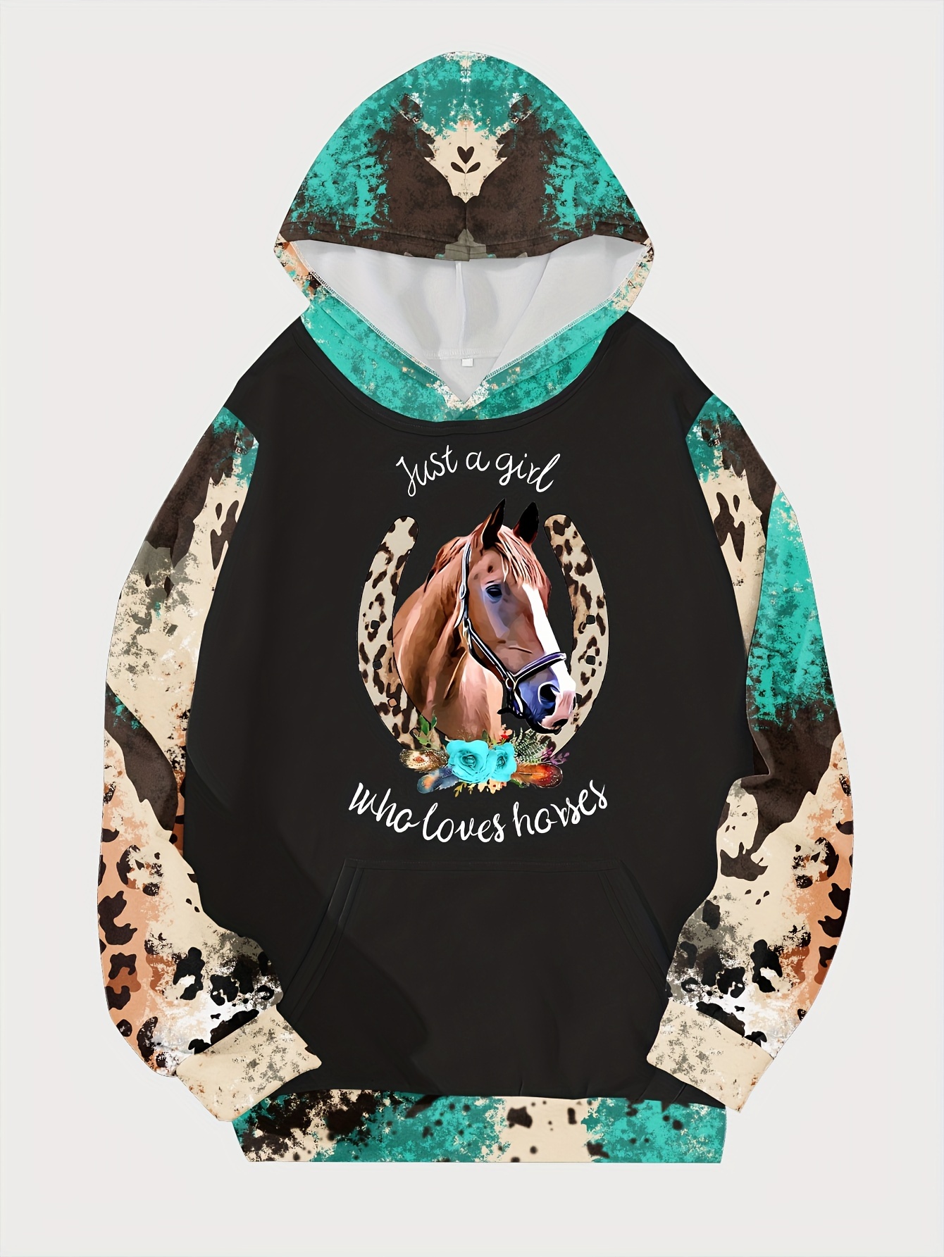 horse print kangaroo pocket hoodie casual long sleeve western style hoodies sweatshirt womens clothing details 3