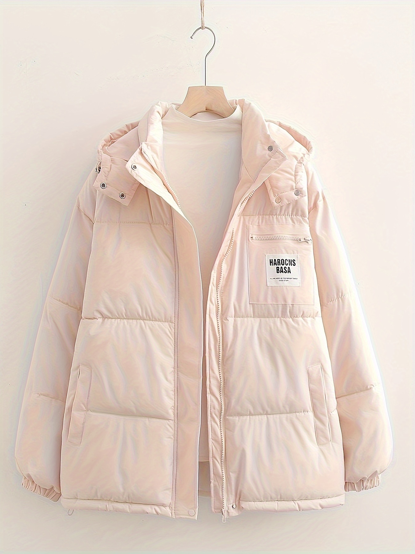 letter label patched hooded coat versatile long sleeve zipper thermal coat womens clothing details 1