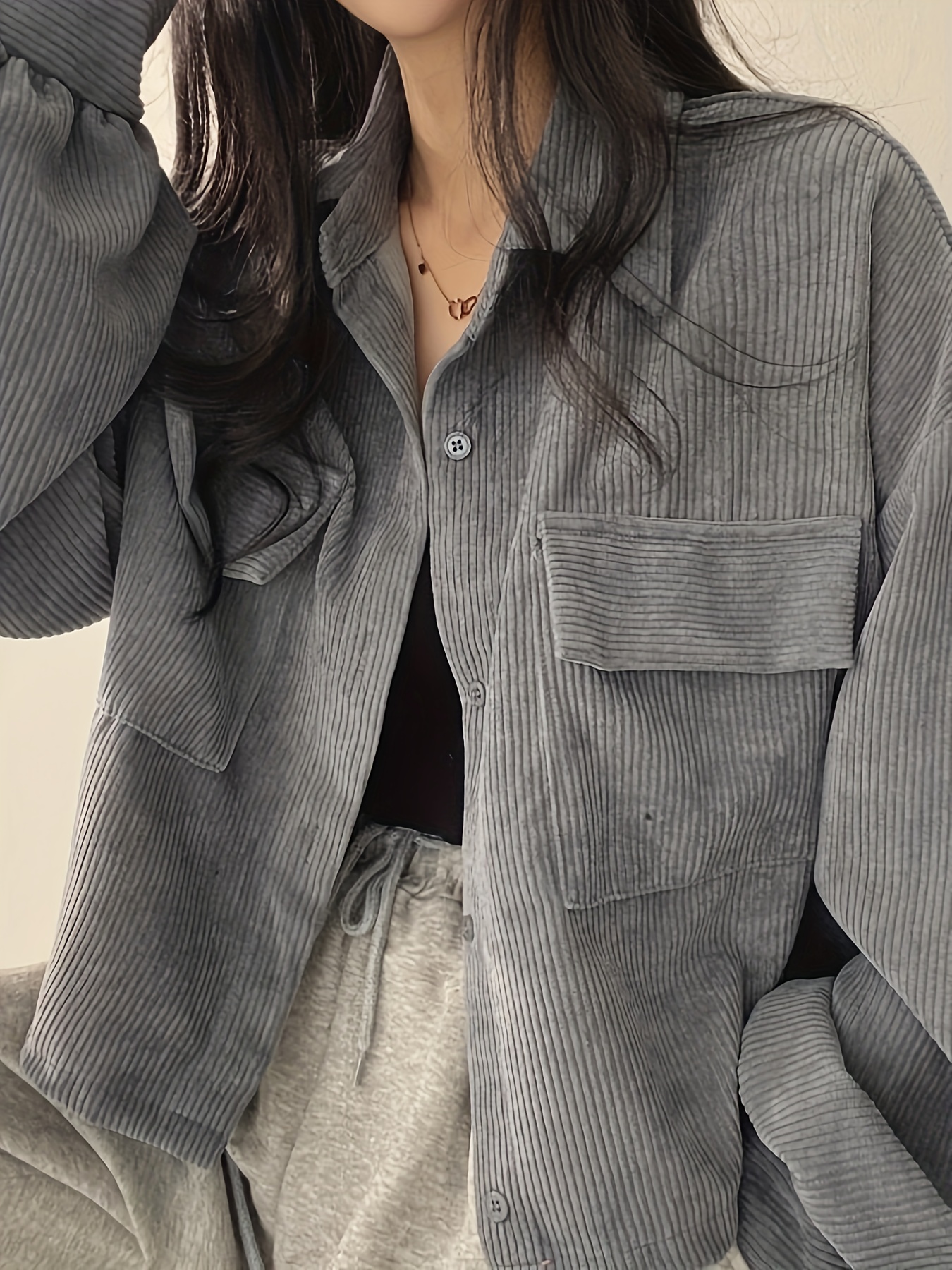 button front flap pockets jacket casual long sleeve jacket for fall winter womens clothing details 0