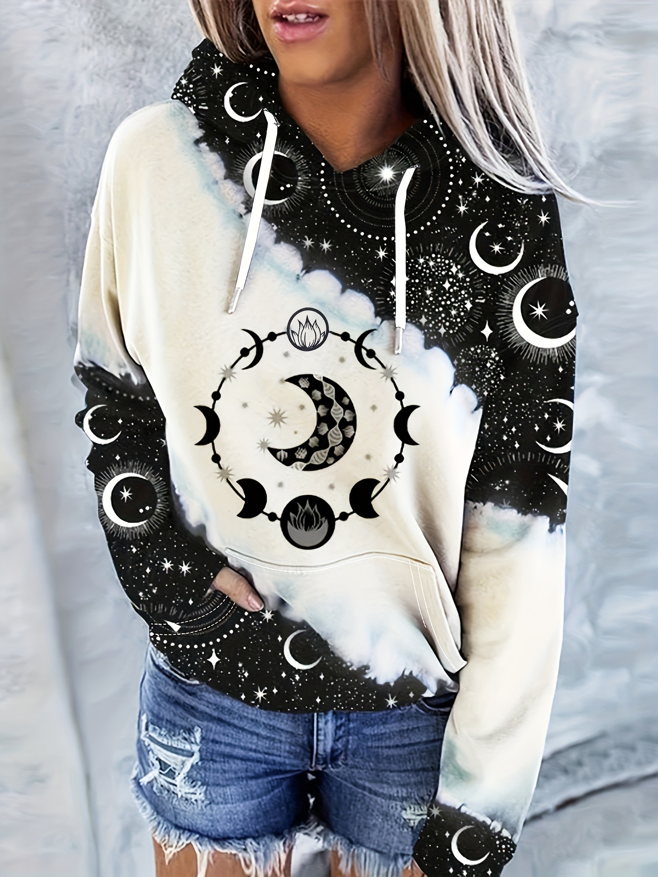 color block moon star print drawstring hoodie casual long sleeve kangaroo pocket hoodie sweatshirt womens clothing details 13