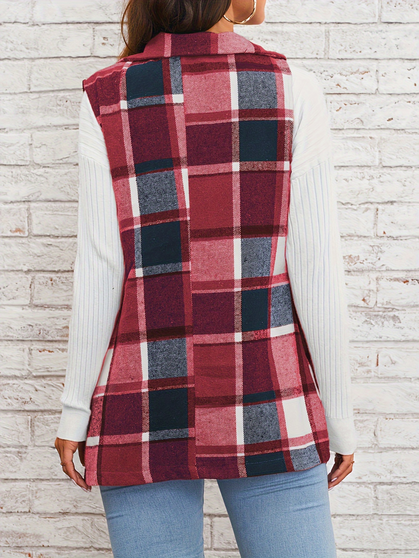 plaid single breasted lapel vest versatile sleeveless overcoat for office work womens clothing details 1