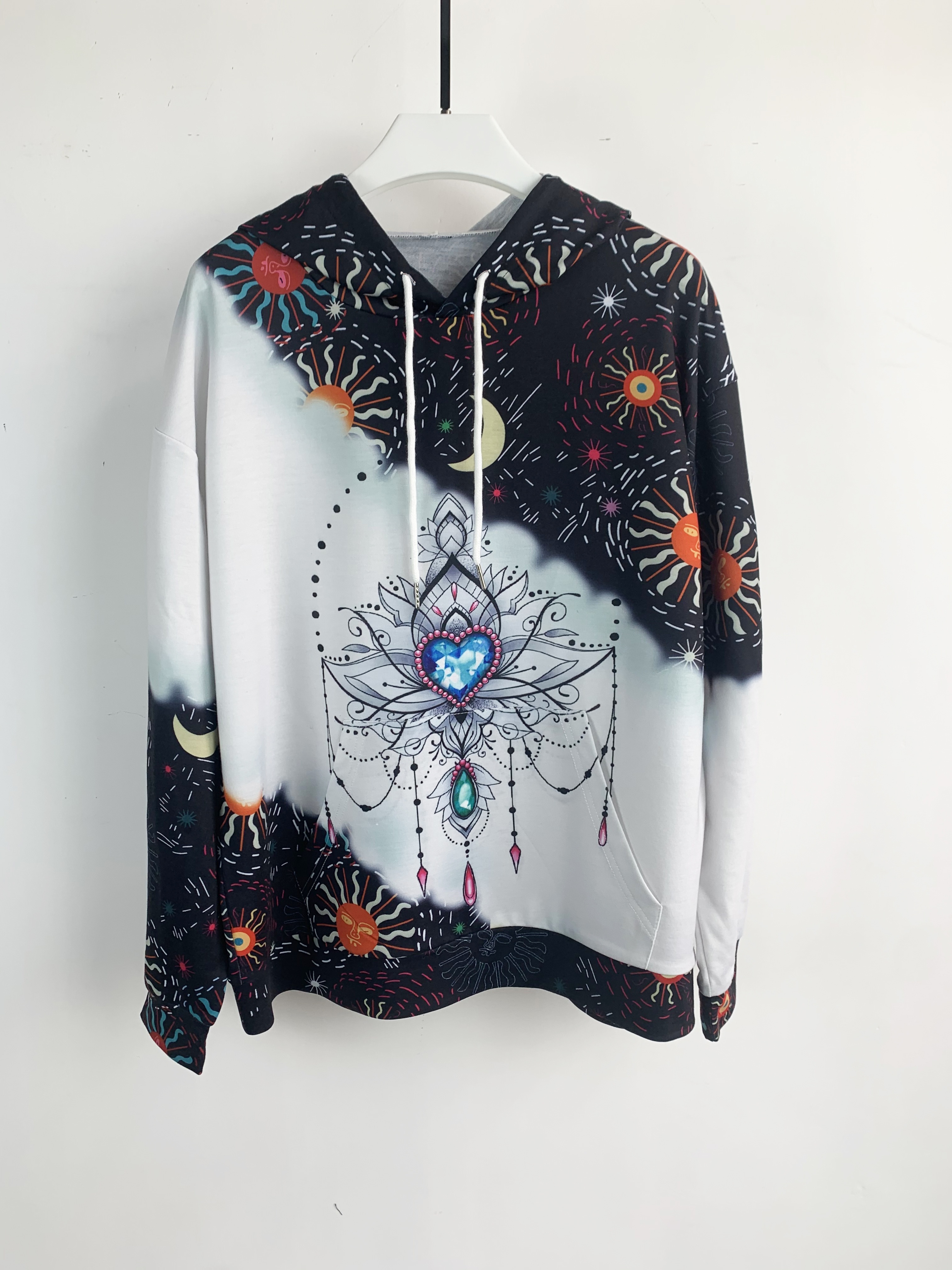 color block moon star print drawstring hoodie casual long sleeve kangaroo pocket hoodie sweatshirt womens clothing details 1