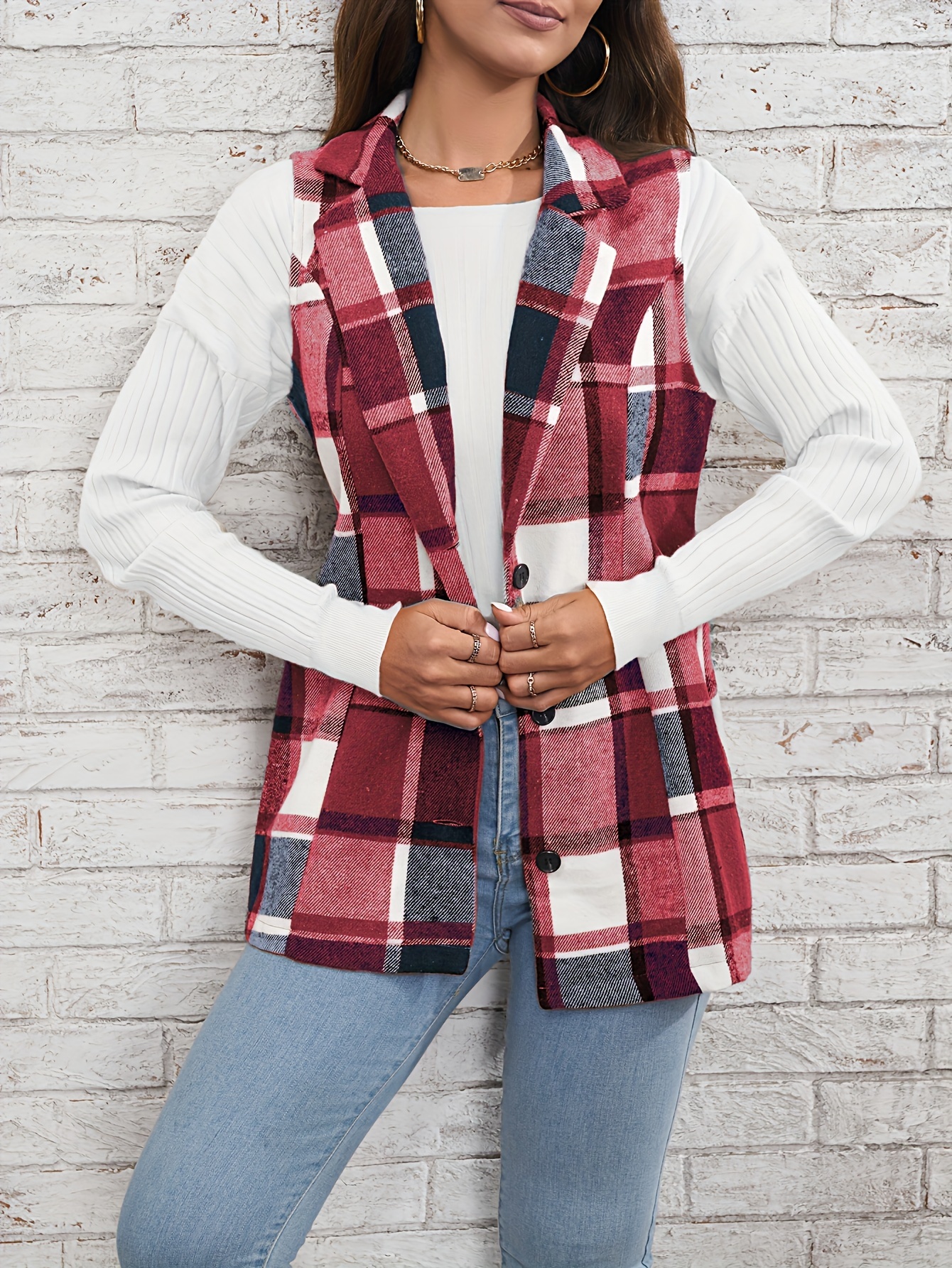 plaid single breasted lapel vest versatile sleeveless overcoat for office work womens clothing details 3