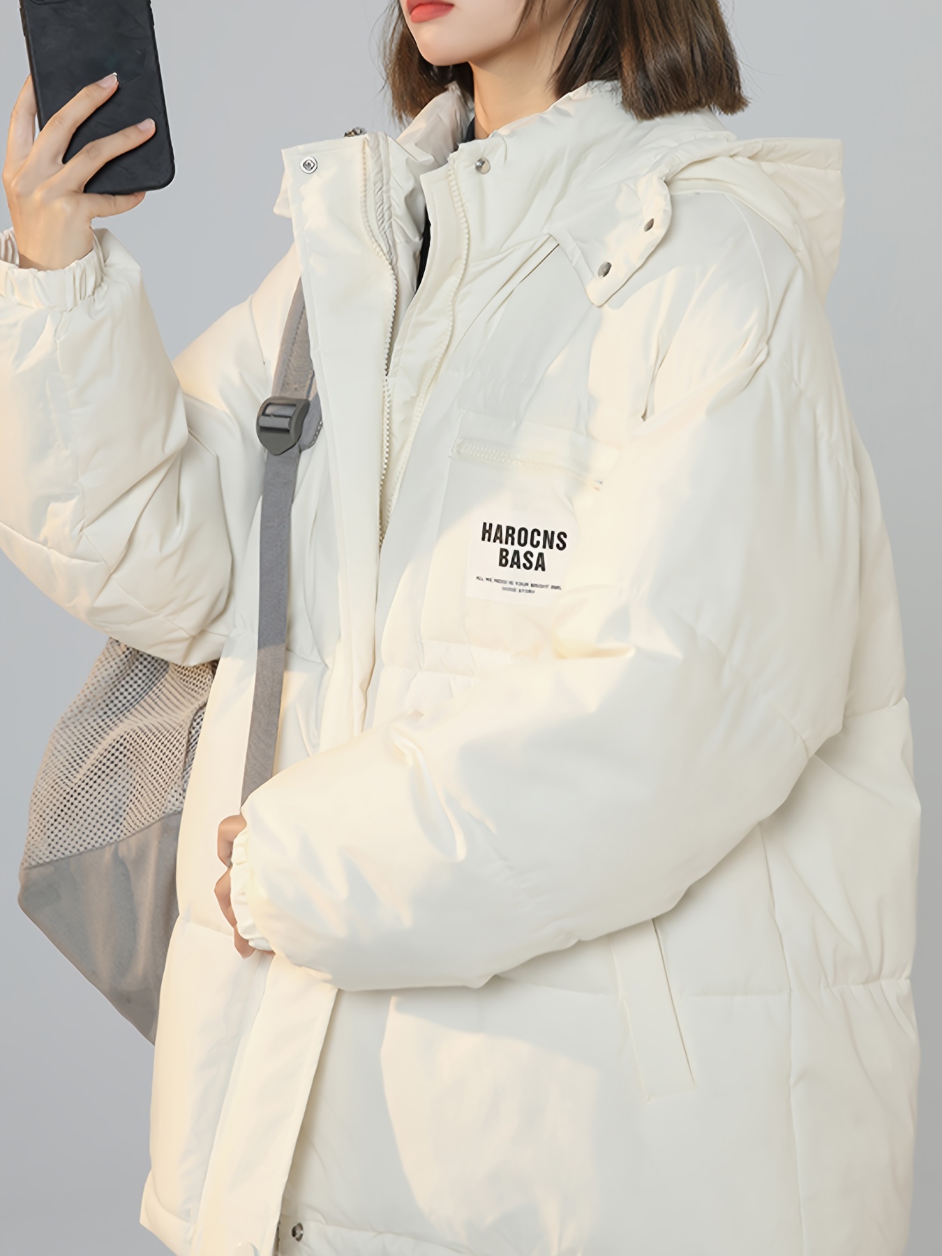 letter label patched hooded coat versatile long sleeve zipper thermal coat womens clothing details 8