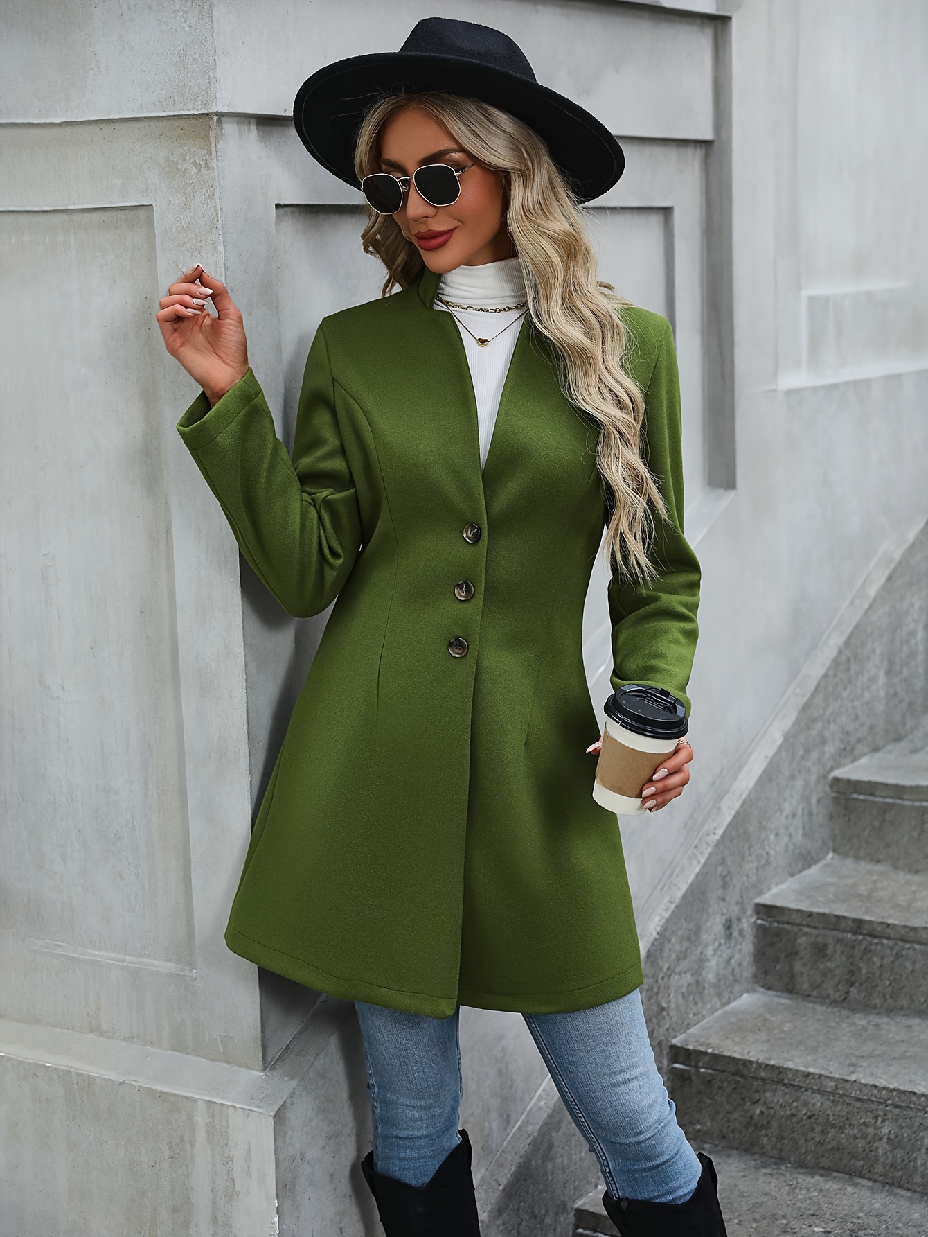 solid button front tunic overcoat elegant long sleeve winter outwear womens clothing details 0