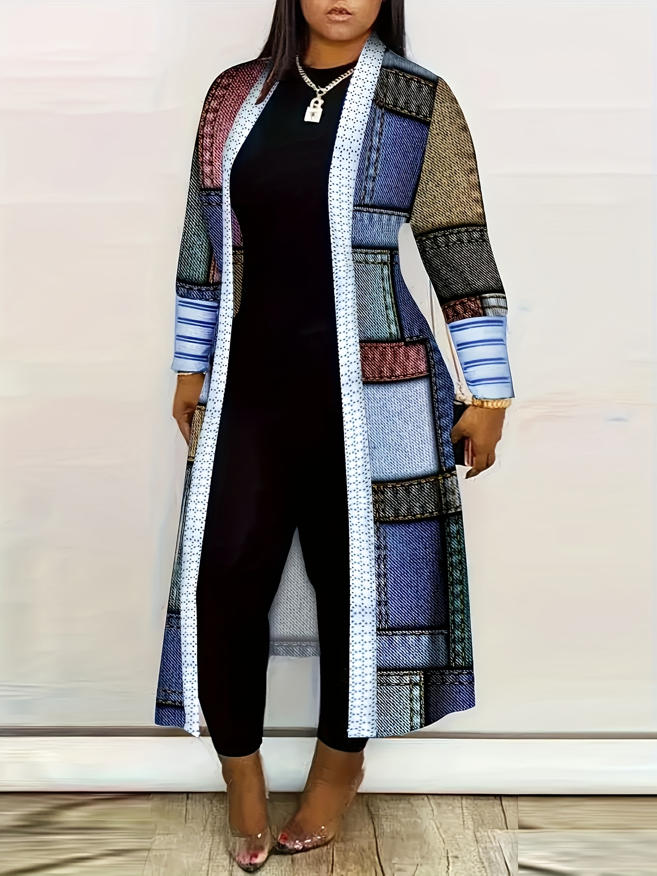 colorblock geometric print cardigan casual long sleeve open front long cardigan womens clothing details 7