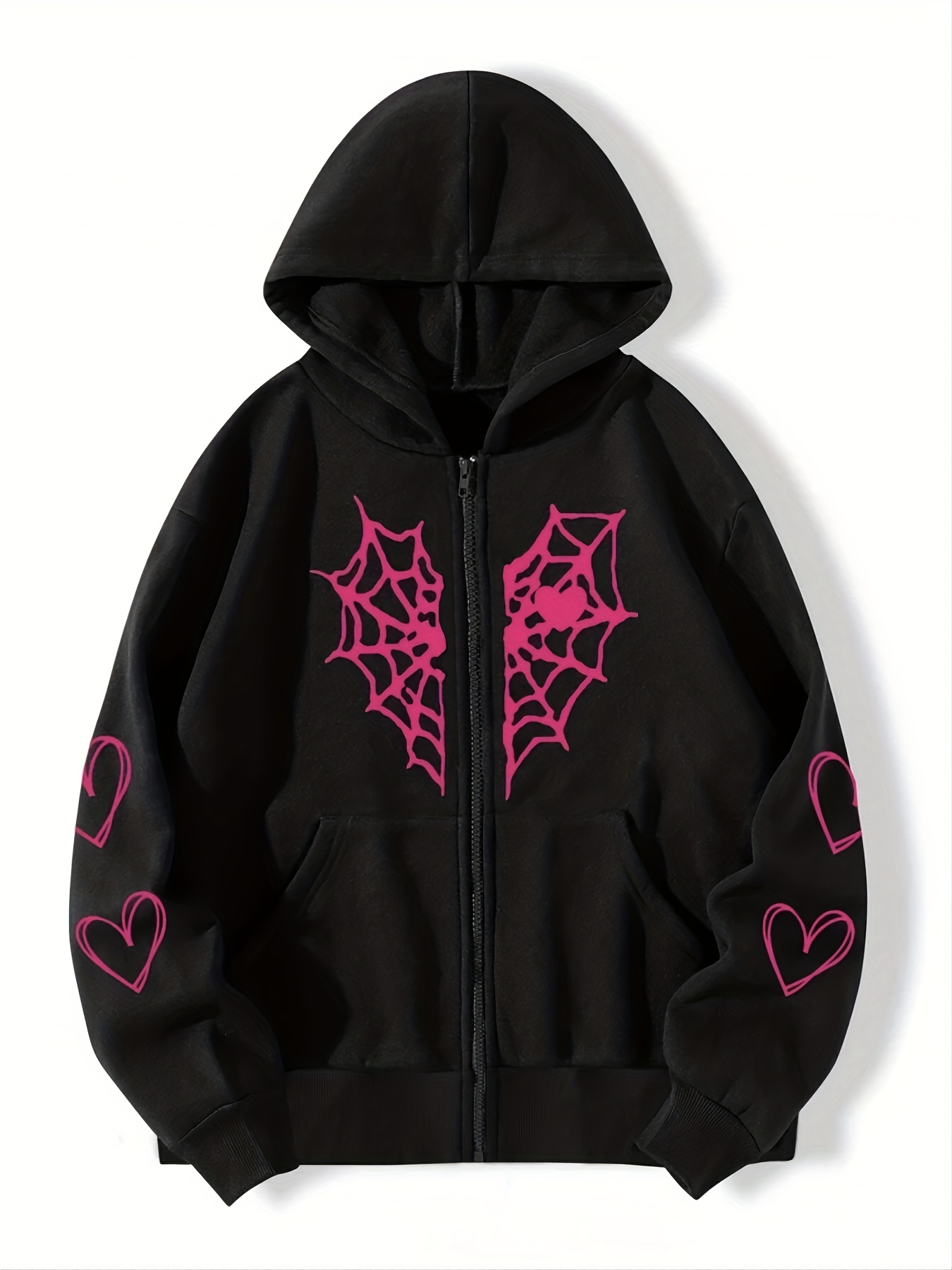 spider web heart shaped print drawstring loose hoodies casual zipper hooded pocket fashion long sleeve sweatshirt womens clothing details 5