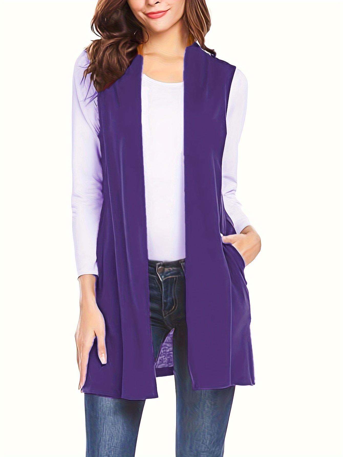 solid sleeveless vest elegant mid length open front vest with pockets womens clothing details 9