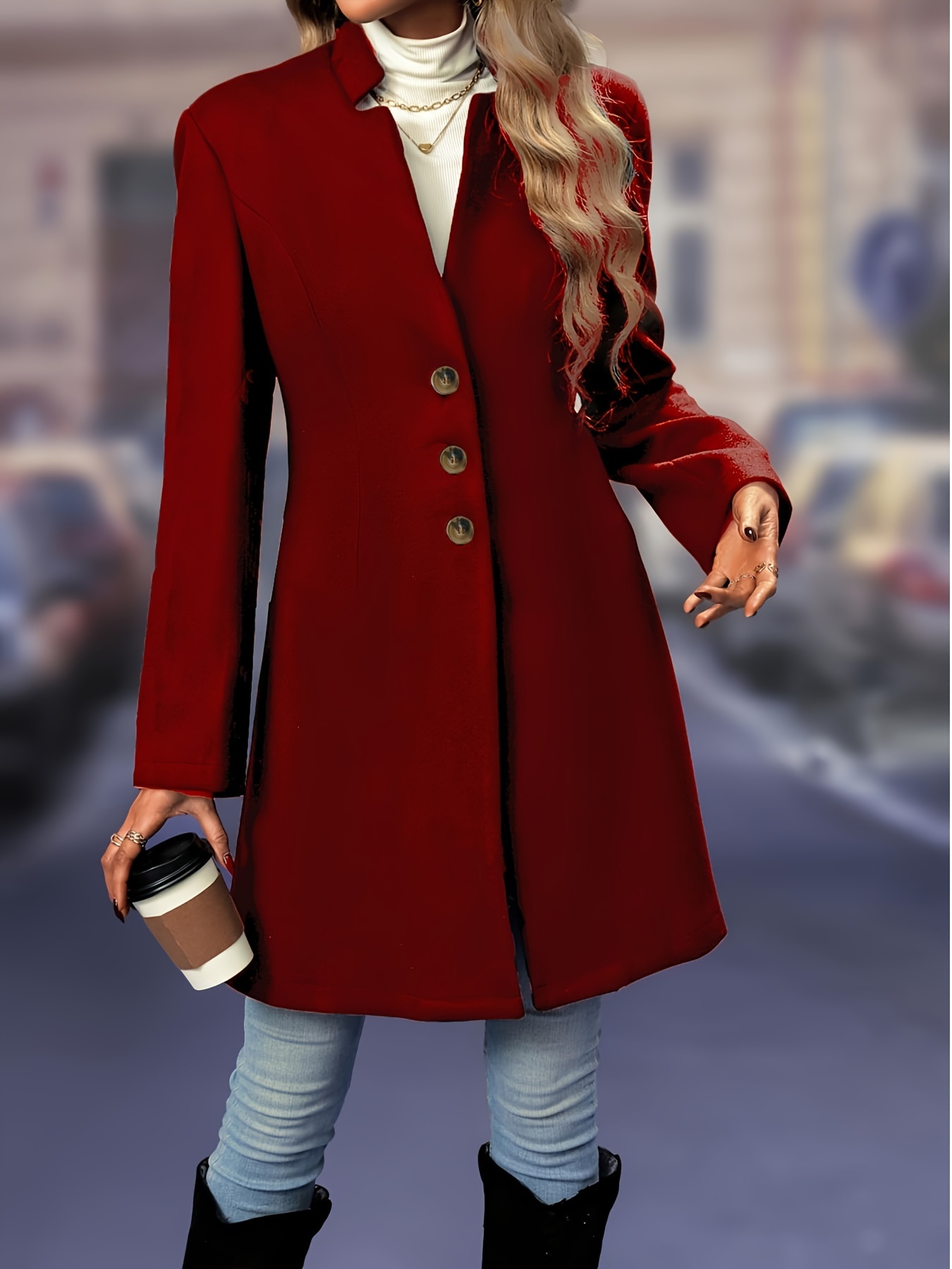 solid button front tunic overcoat elegant long sleeve winter outwear womens clothing details 18