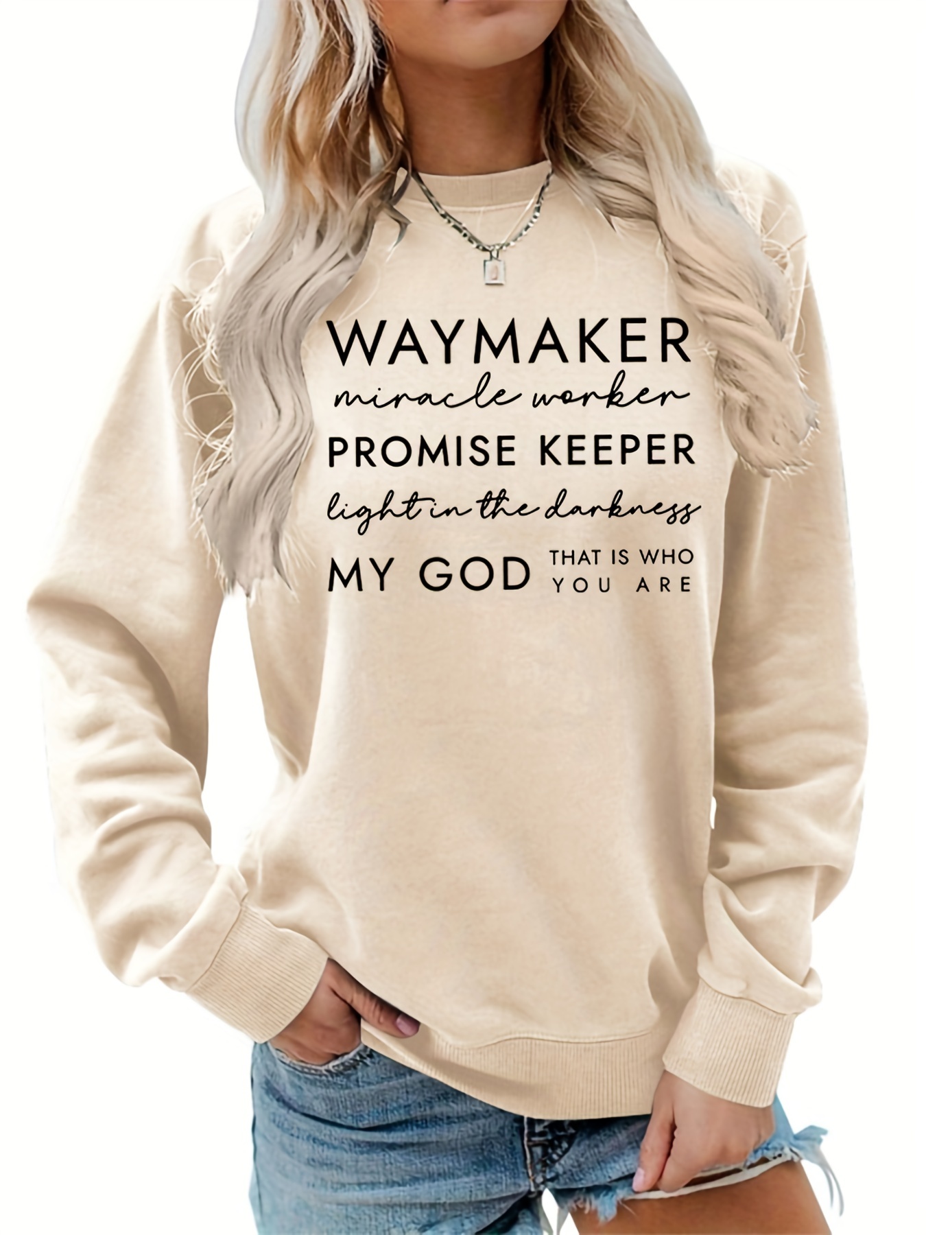 waymaker print sweatshirt, waymaker print sweatshirt casual long sleeve crew neck sweatshirt womens clothing details 5