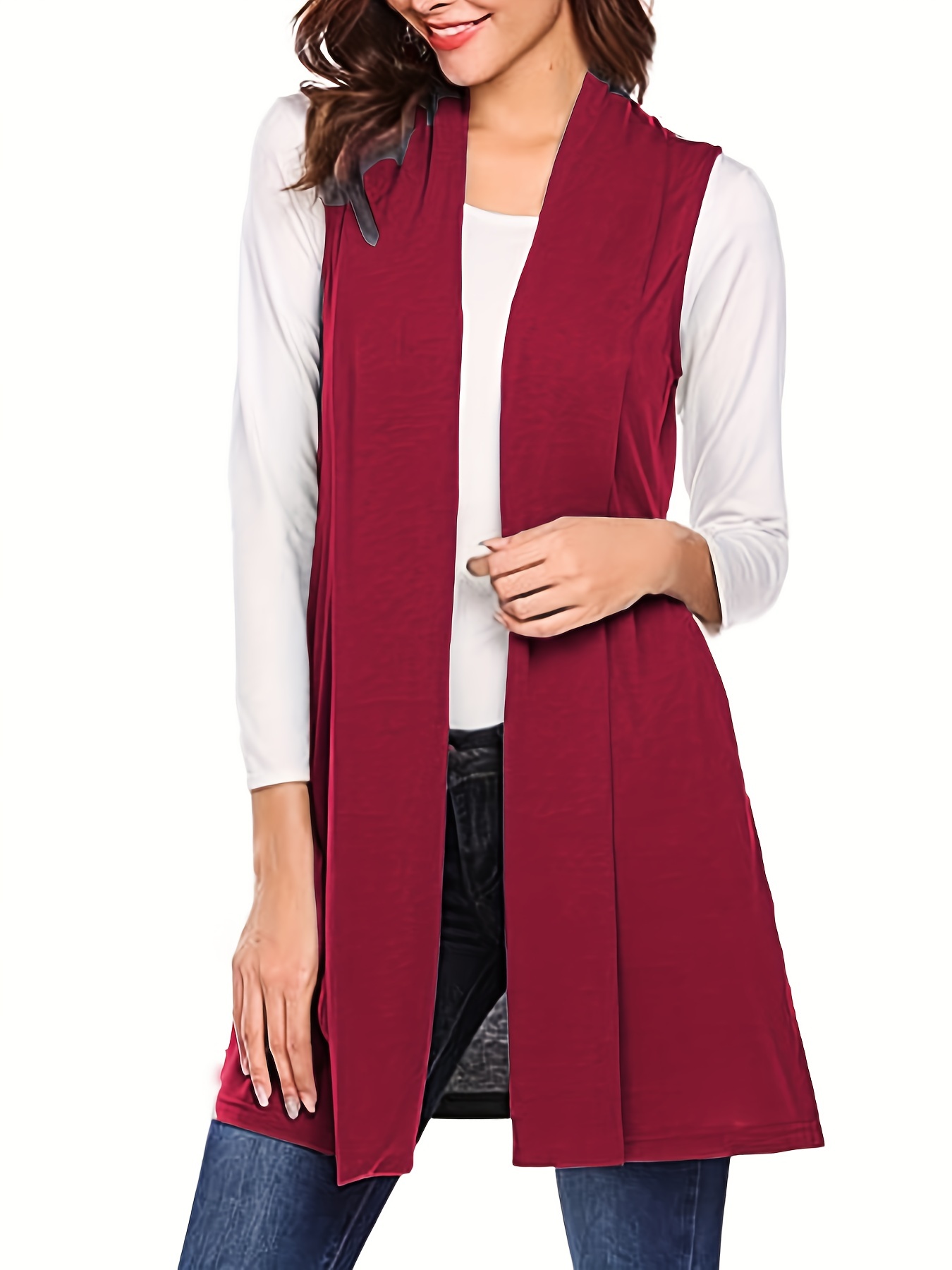 solid sleeveless vest elegant mid length open front vest with pockets womens clothing details 32