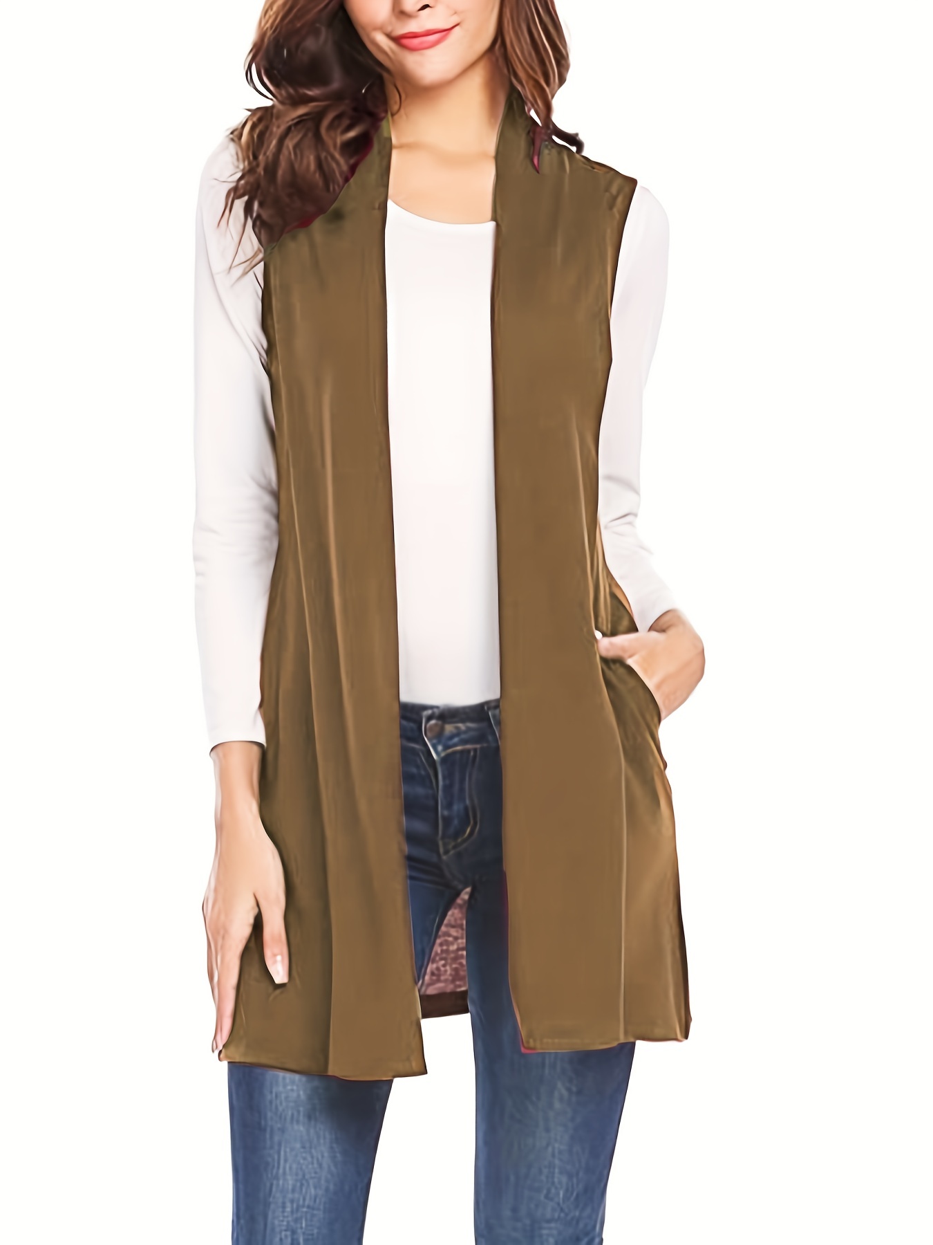 solid sleeveless vest elegant mid length open front vest with pockets womens clothing details 19