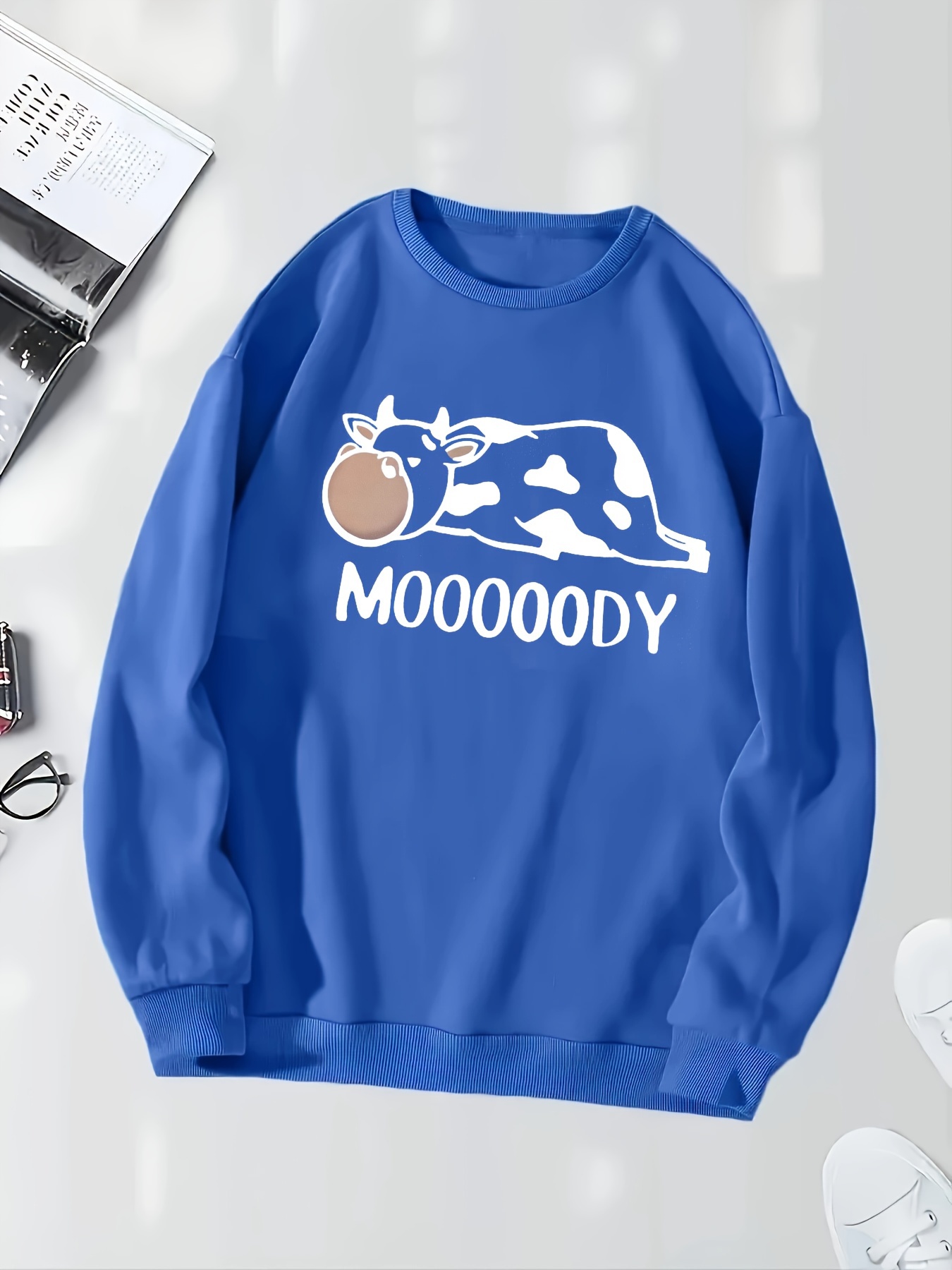 cow letter print pullover sweatshirt casual long sleeve crew neck sweatshirt for fall winter womens clothing details 4