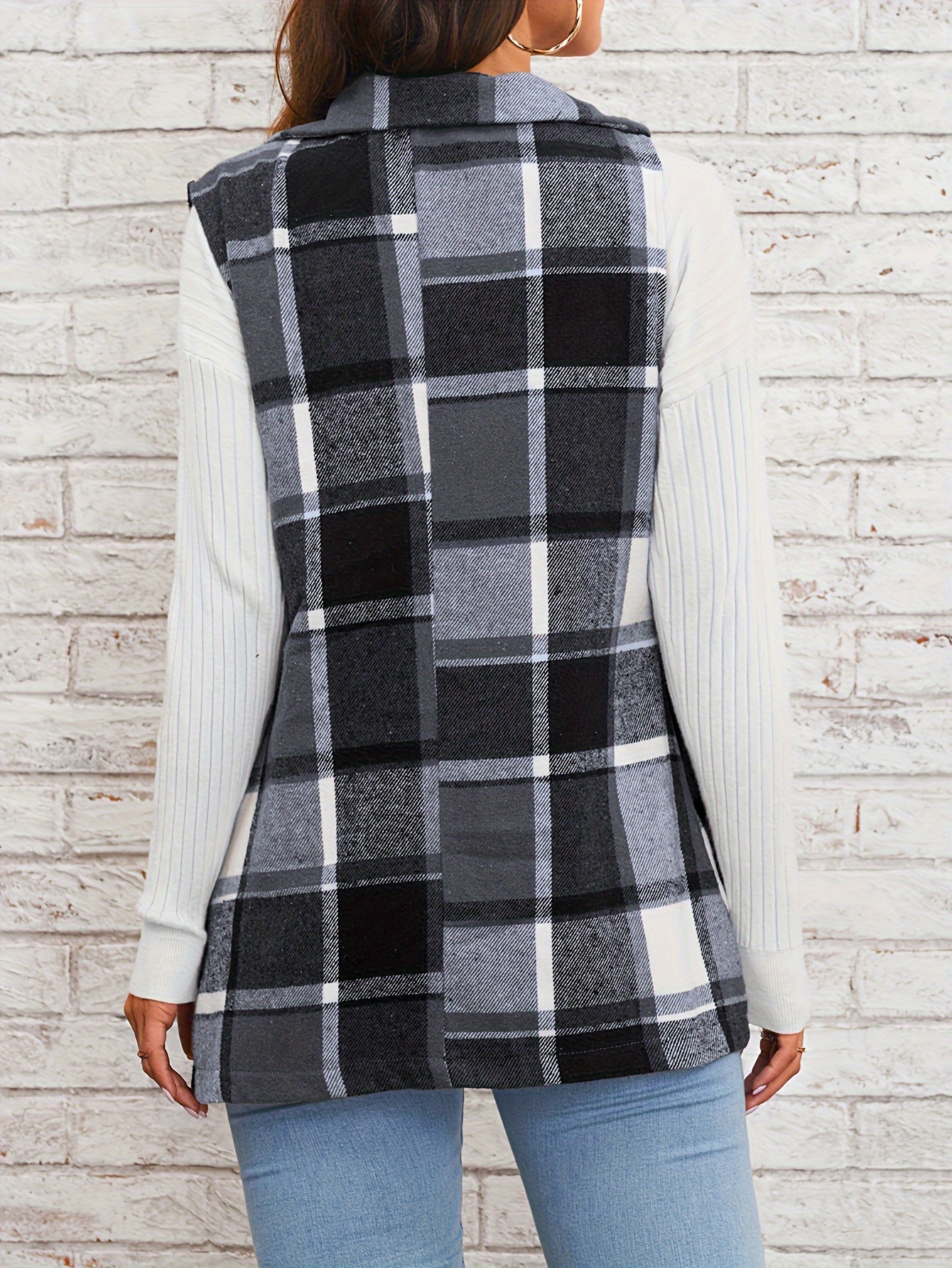 plaid single breasted lapel vest versatile sleeveless overcoat for office work womens clothing details 11