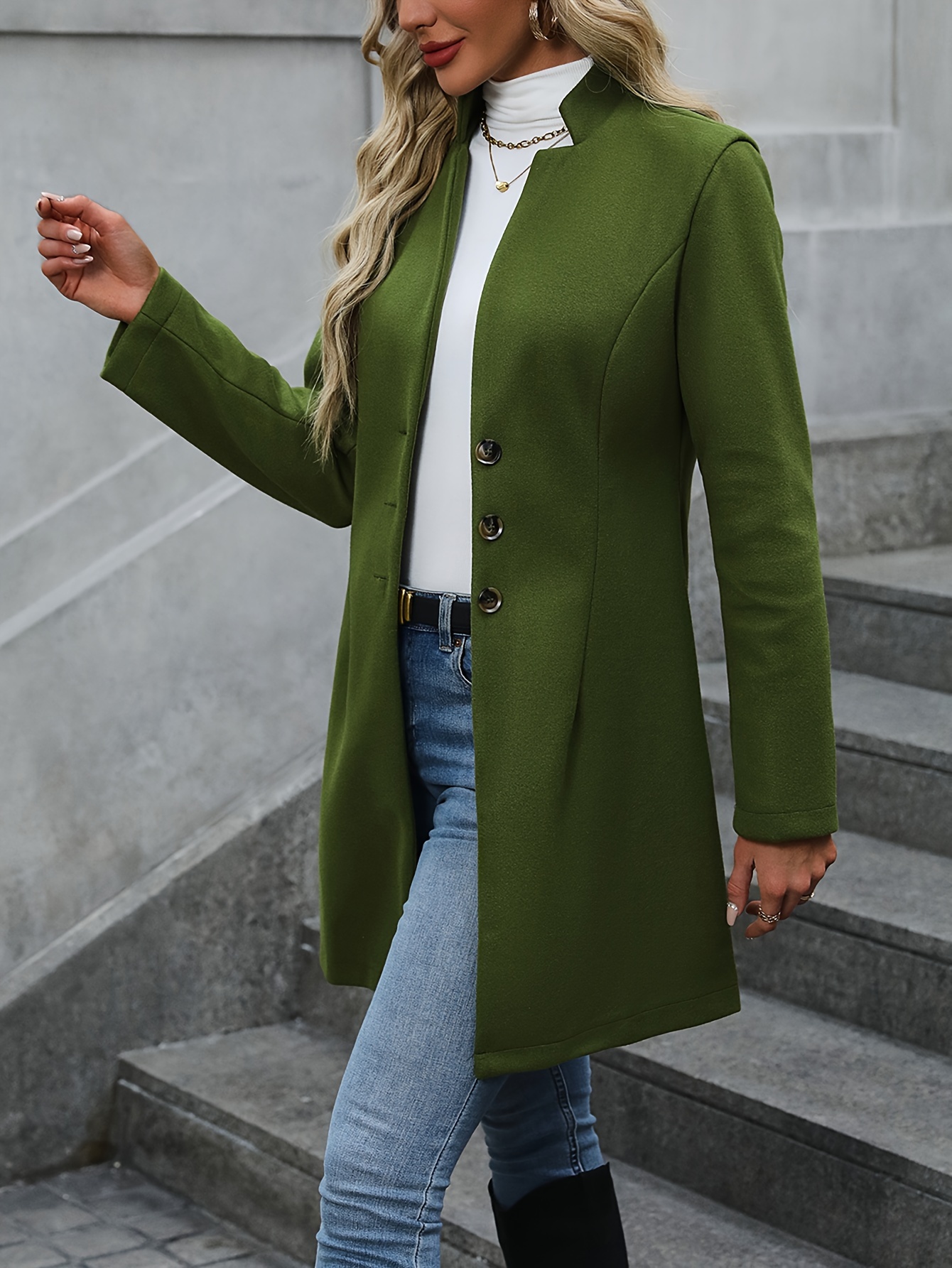 solid button front tunic overcoat elegant long sleeve winter outwear womens clothing details 4