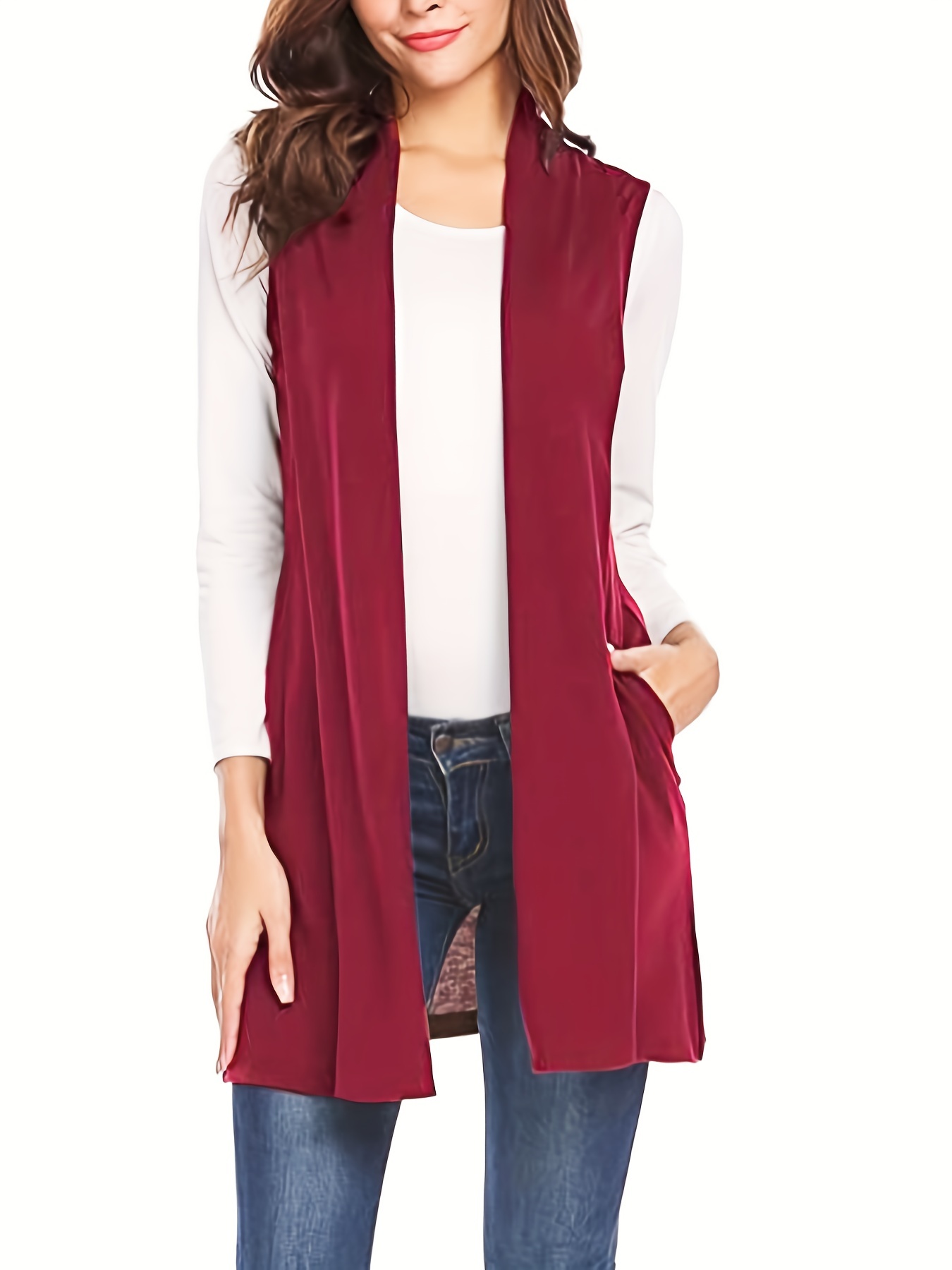 solid sleeveless vest elegant mid length open front vest with pockets womens clothing details 26