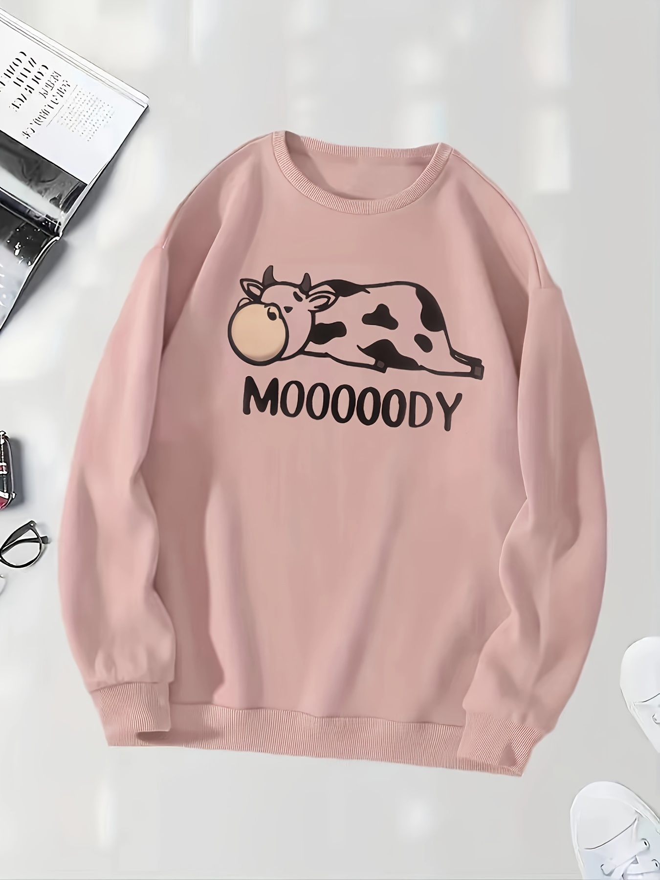cow letter print pullover sweatshirt casual long sleeve crew neck sweatshirt for fall winter womens clothing details 24