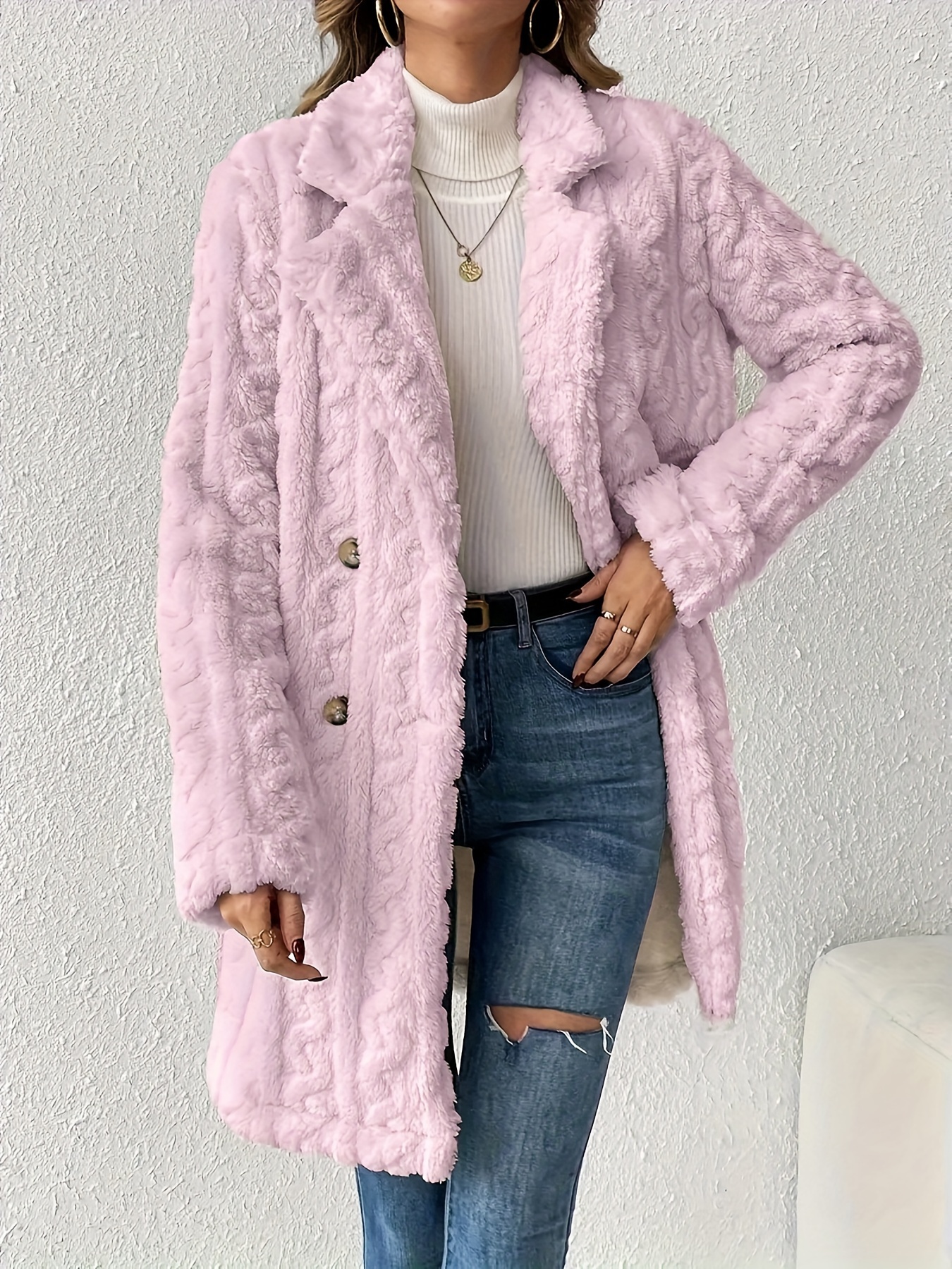 double breasted lapel teddy coat versatile long sleeve textured thermal winter outwear womens clothing details 10