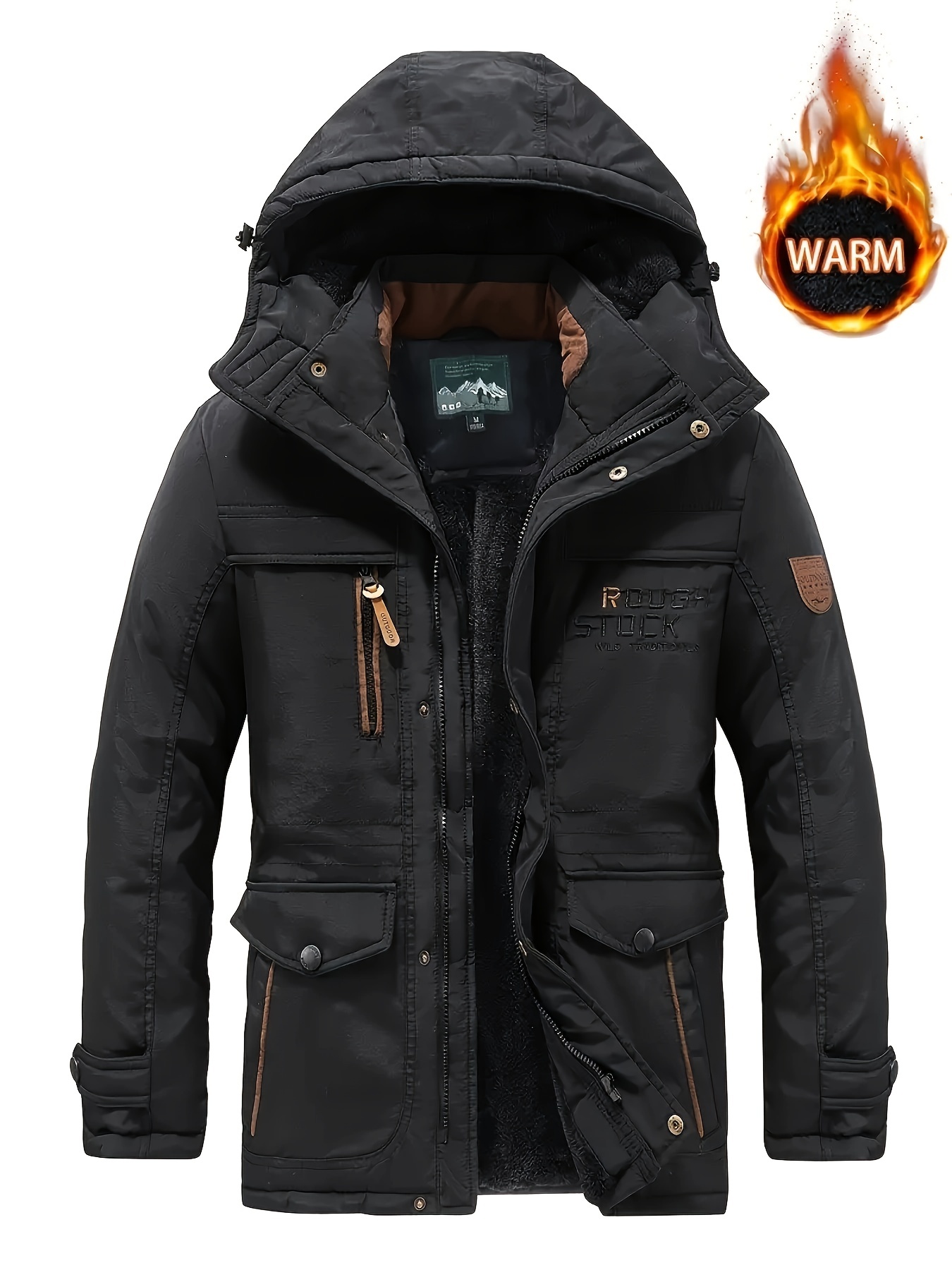 Men s Casual Warm Fleece Multi Pocket Hooded Windbreaker Jacket For Fall Winter Outdoor Activities details 0