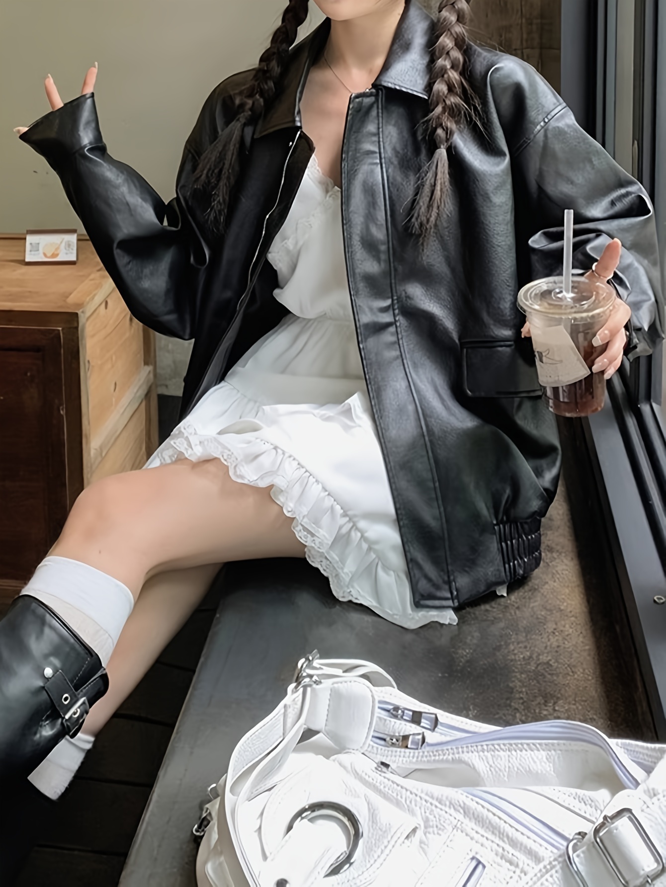 faux leather zip up jacket casual long sleeve jacket for fall winter womens clothing details 3