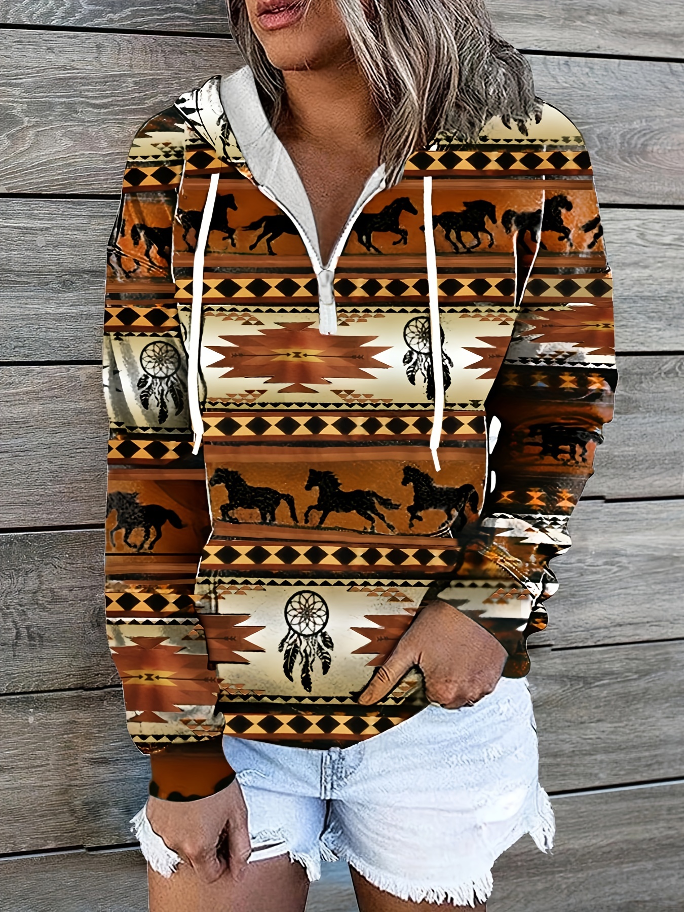 aztec print drawstring hoodies ethnic kangaroo pocket long sleeve sweatshirt womens clothing details 0