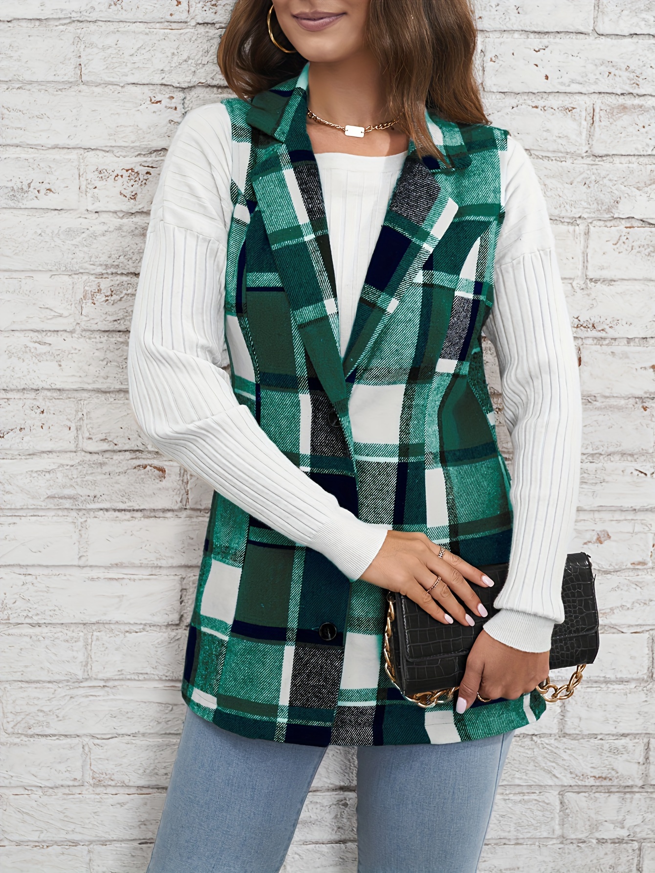 plaid single breasted lapel vest versatile sleeveless overcoat for office work womens clothing details 7