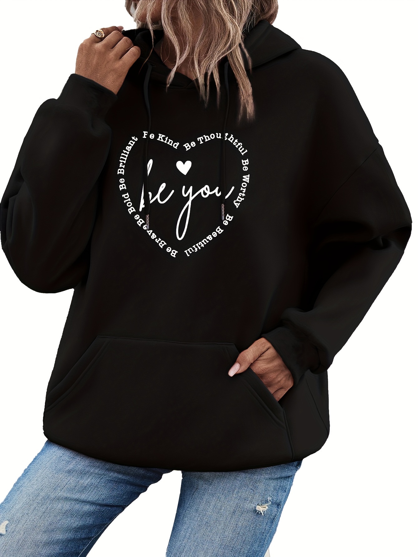 heart letter print drawstring hoodie casual long sleeve hooded sweatshirt womens clothing details 3