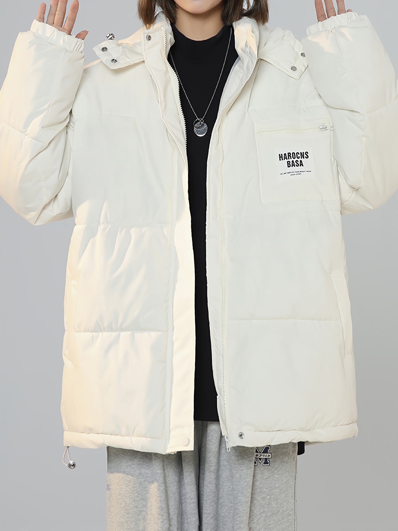 letter label patched hooded coat versatile long sleeve zipper thermal coat womens clothing details 7