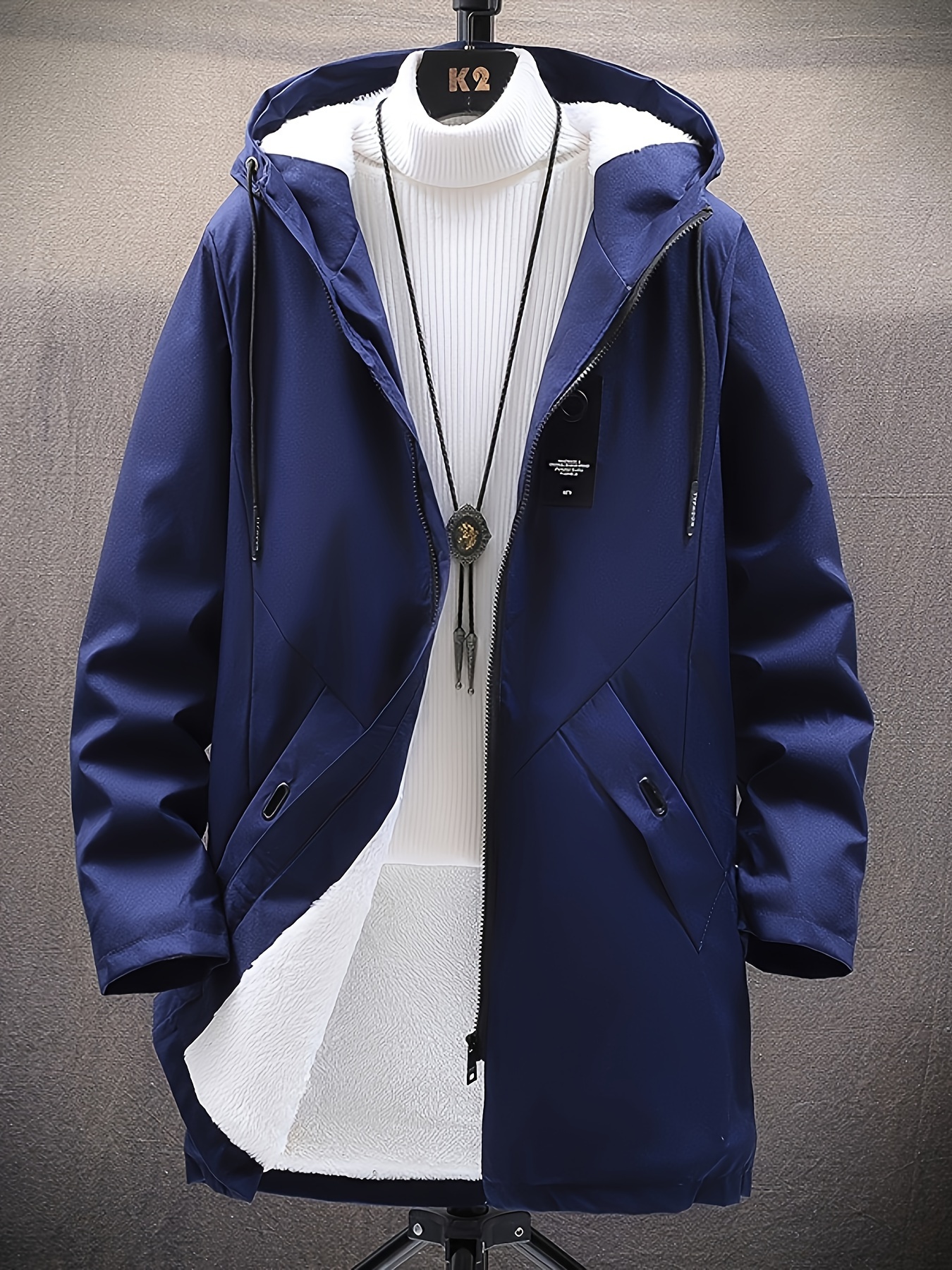 mens warm fleece long windbreaker jacket casual hooded overcoat details 10